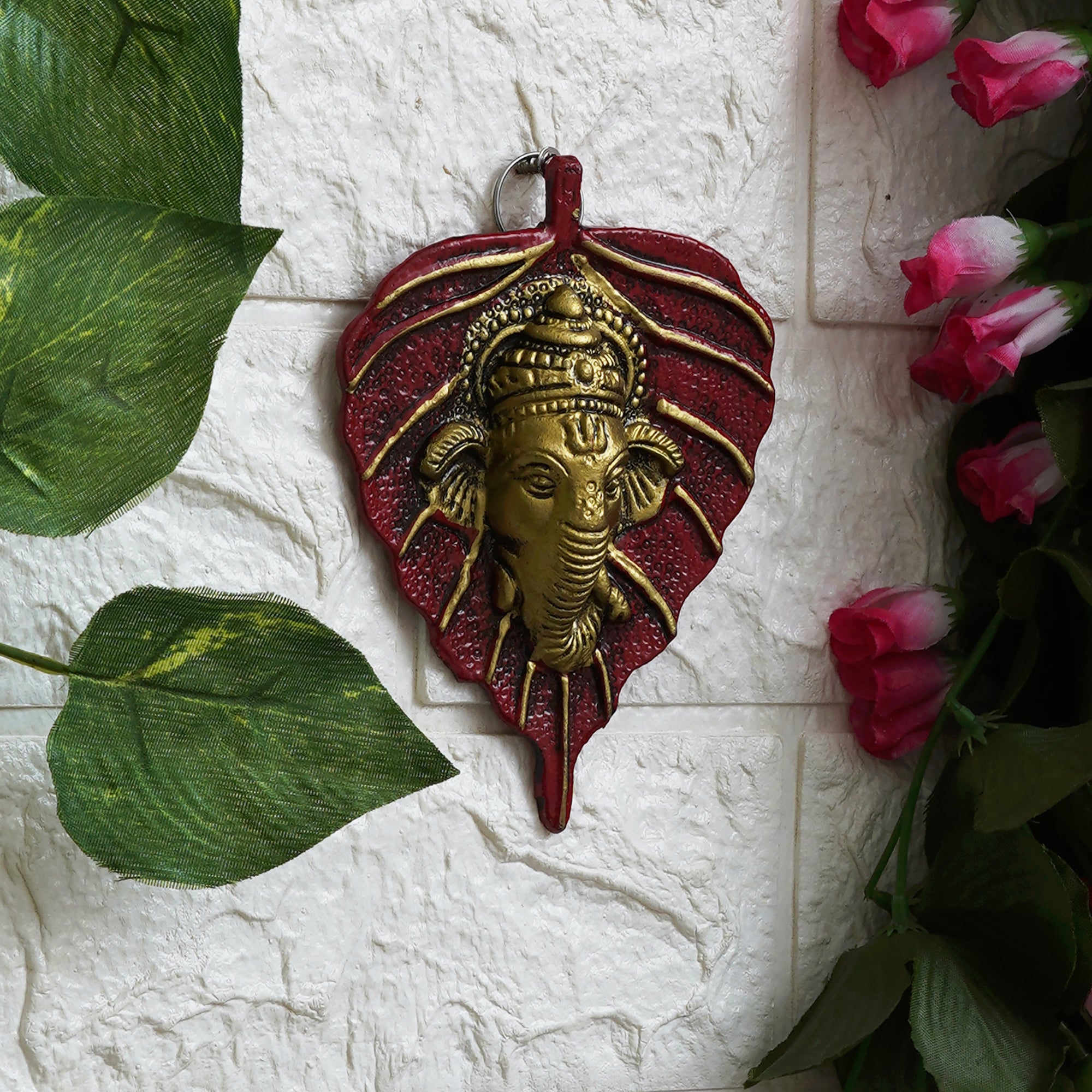 eCraftIndia Red & Golden Lord Ganesha Face On Leaf Wall Hanging Decorative Showpiece 1