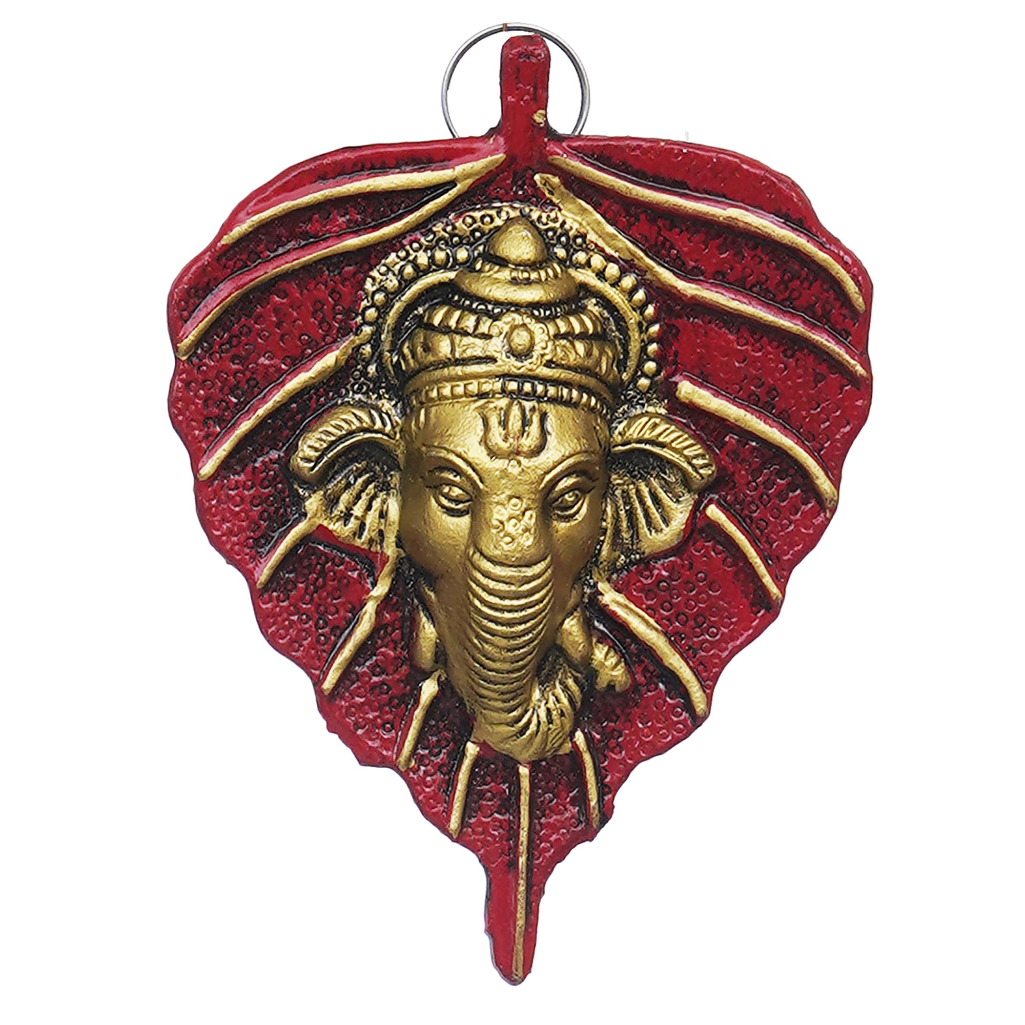 eCraftIndia Red & Golden Lord Ganesha Face On Leaf Wall Hanging Decorative Showpiece 2