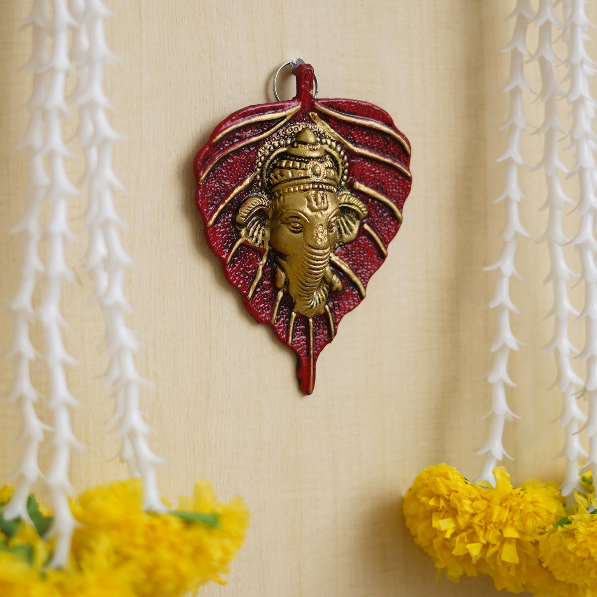 eCraftIndia Red & Golden Lord Ganesha Face On Leaf Wall Hanging Decorative Showpiece 4