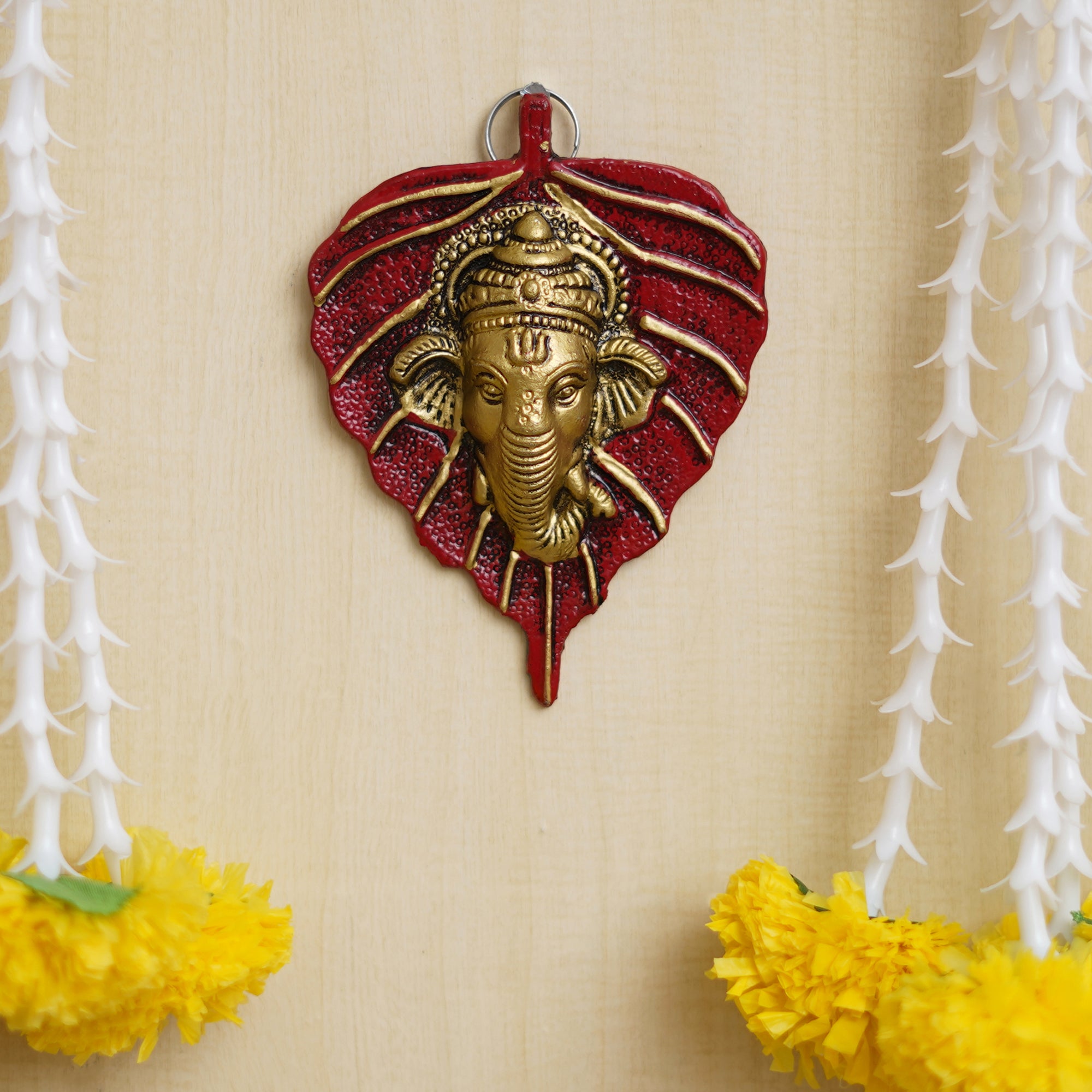 eCraftIndia Red & Golden Lord Ganesha Face On Leaf Wall Hanging Decorative Showpiece 5