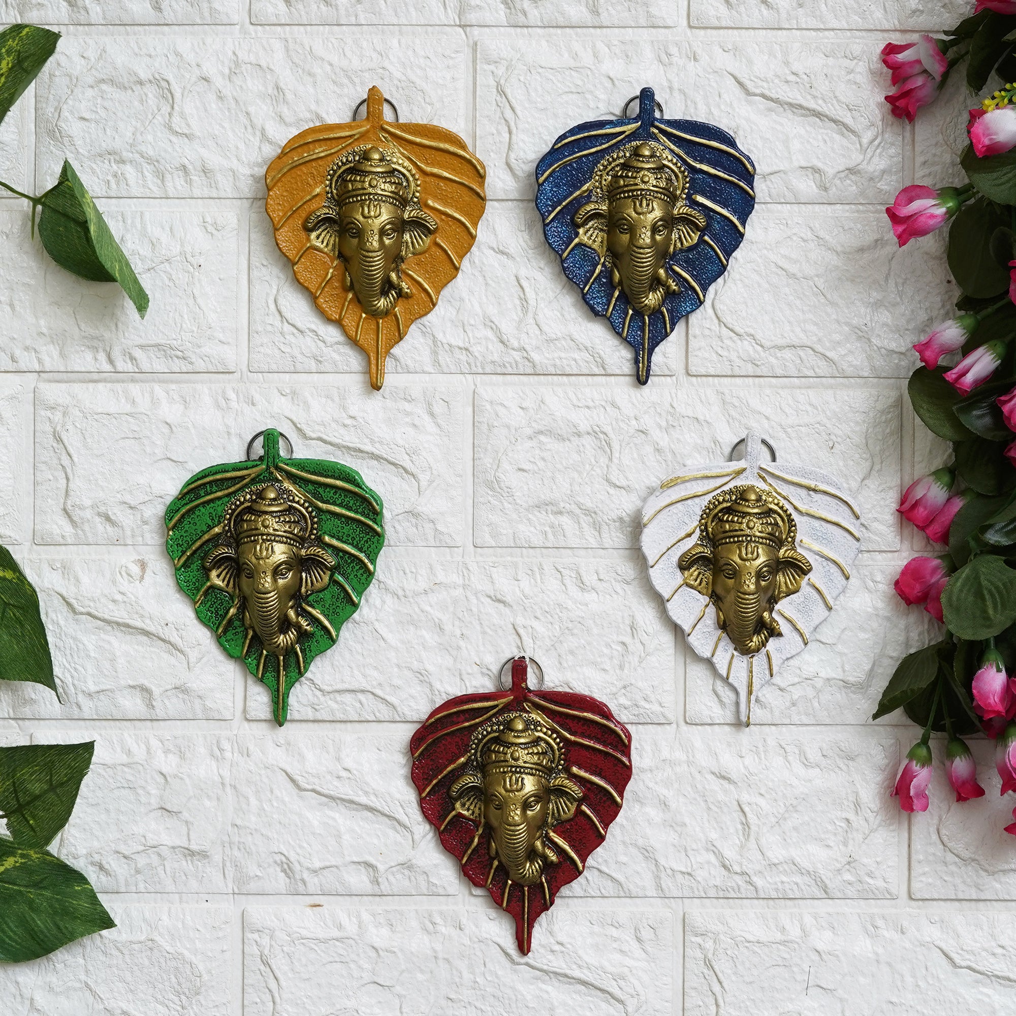 eCraftIndia Set of 5 Decorative Lord Ganesha Face On Leaf Wall Hanging 4