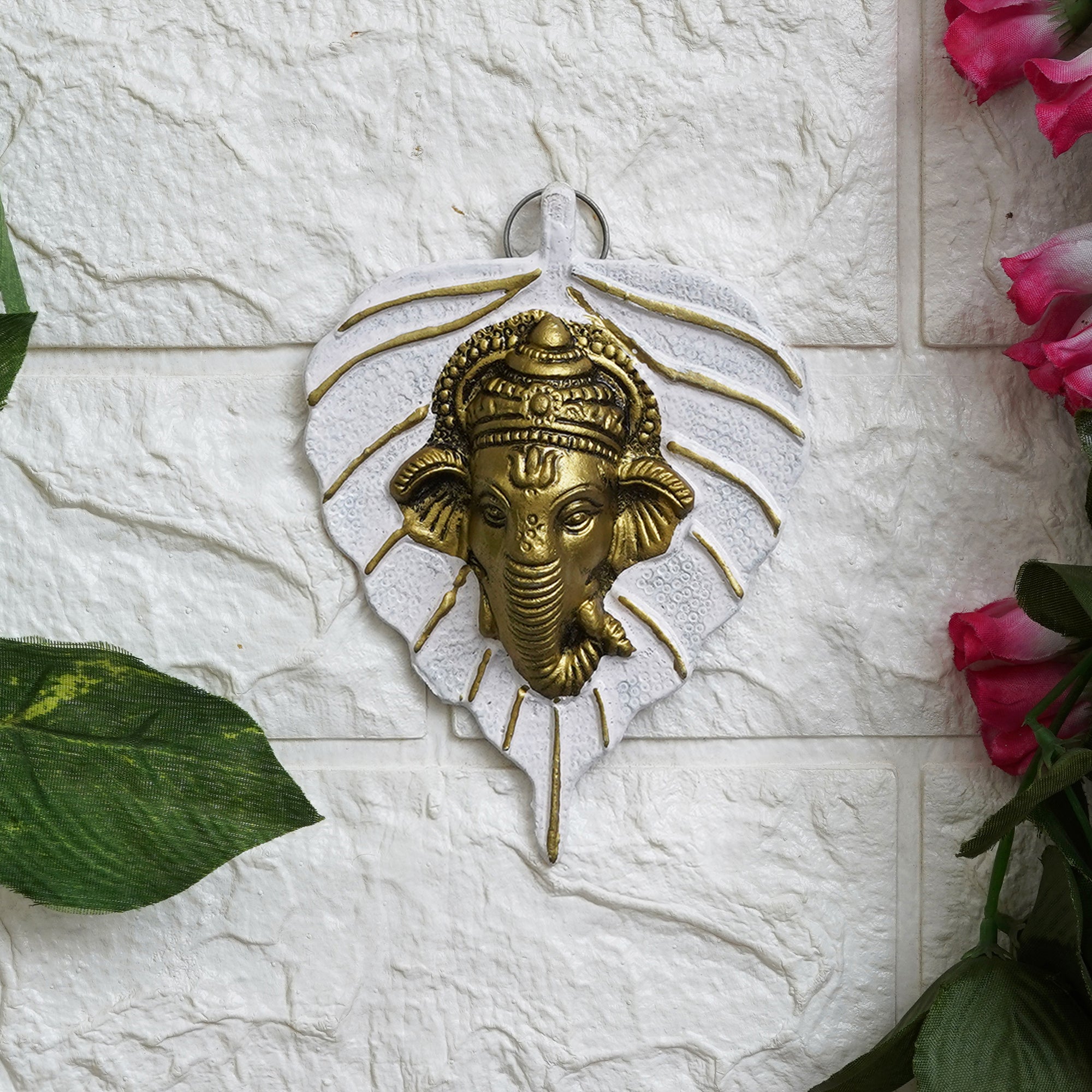 eCraftIndia White & Golden Lord Ganesha Face On Leaf Wall Hanging Decorative Showpiece