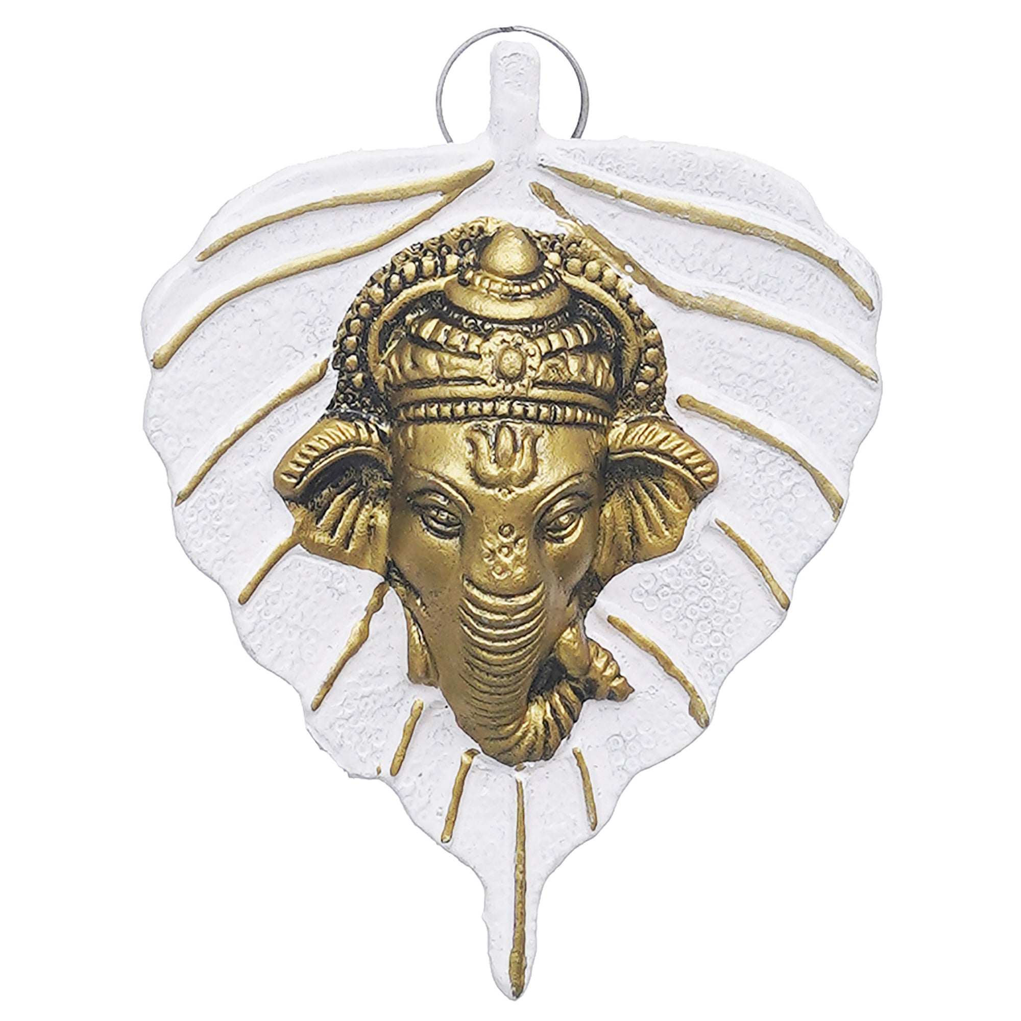 eCraftIndia White & Golden Lord Ganesha Face On Leaf Wall Hanging Decorative Showpiece 2