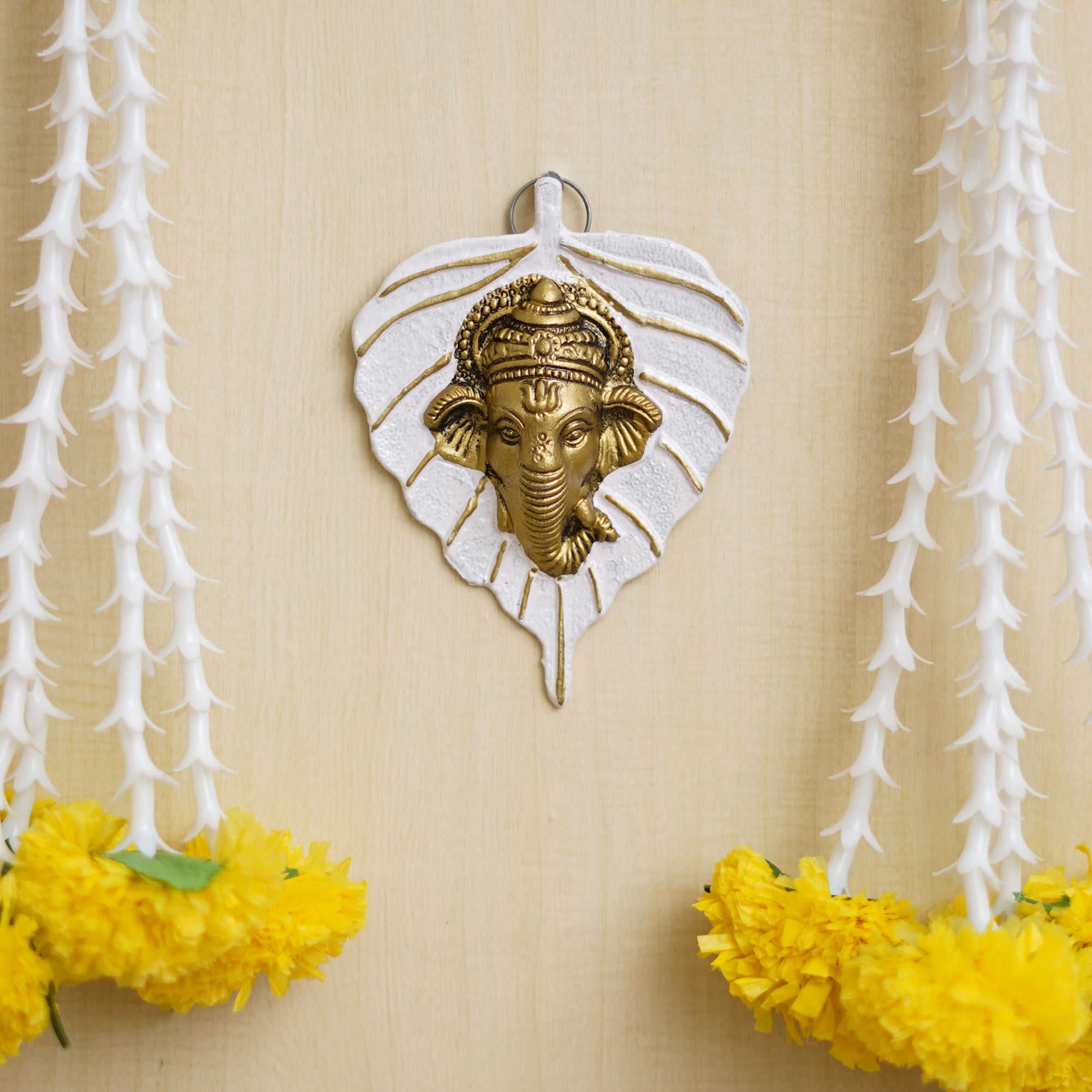 eCraftIndia White & Golden Lord Ganesha Face On Leaf Wall Hanging Decorative Showpiece 5