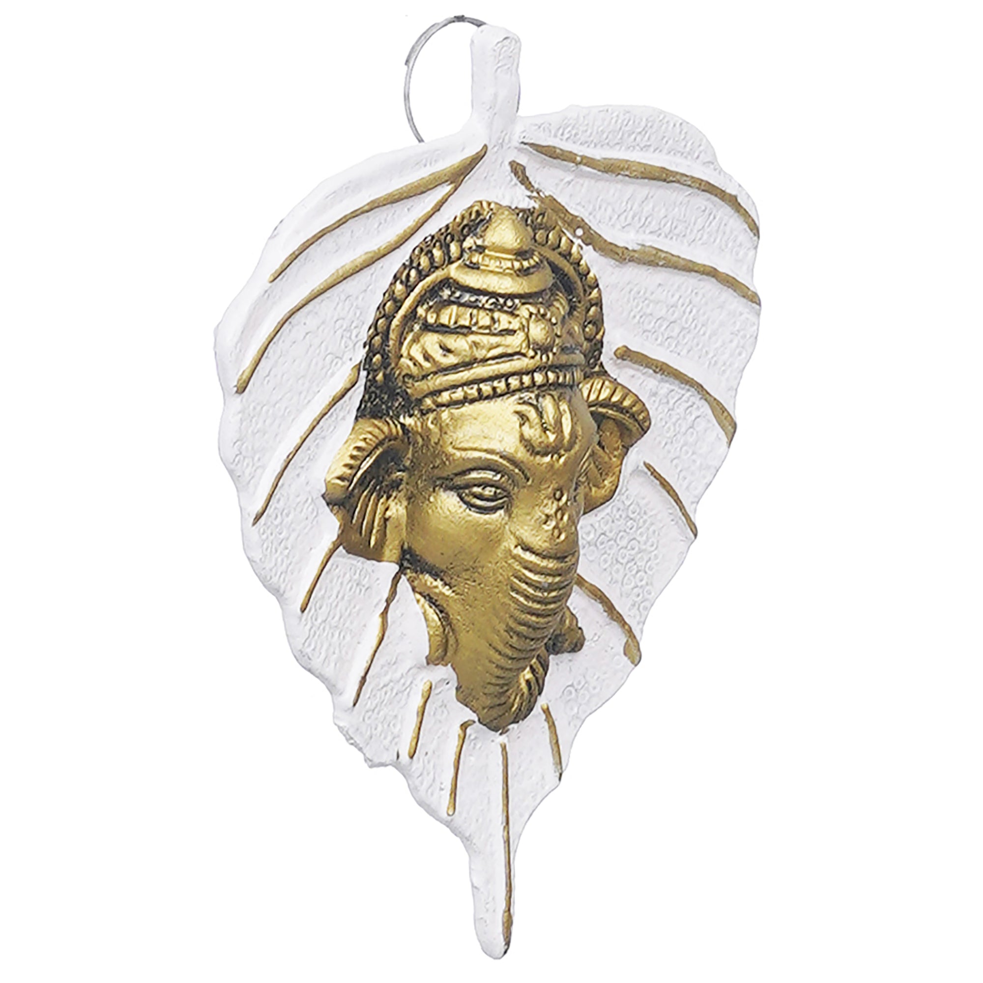 eCraftIndia White & Golden Lord Ganesha Face On Leaf Wall Hanging Decorative Showpiece 6