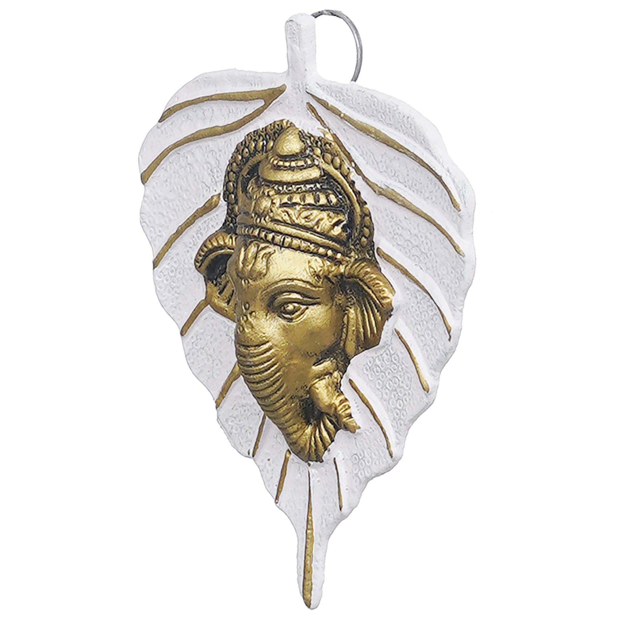 eCraftIndia White & Golden Lord Ganesha Face On Leaf Wall Hanging Decorative Showpiece 7