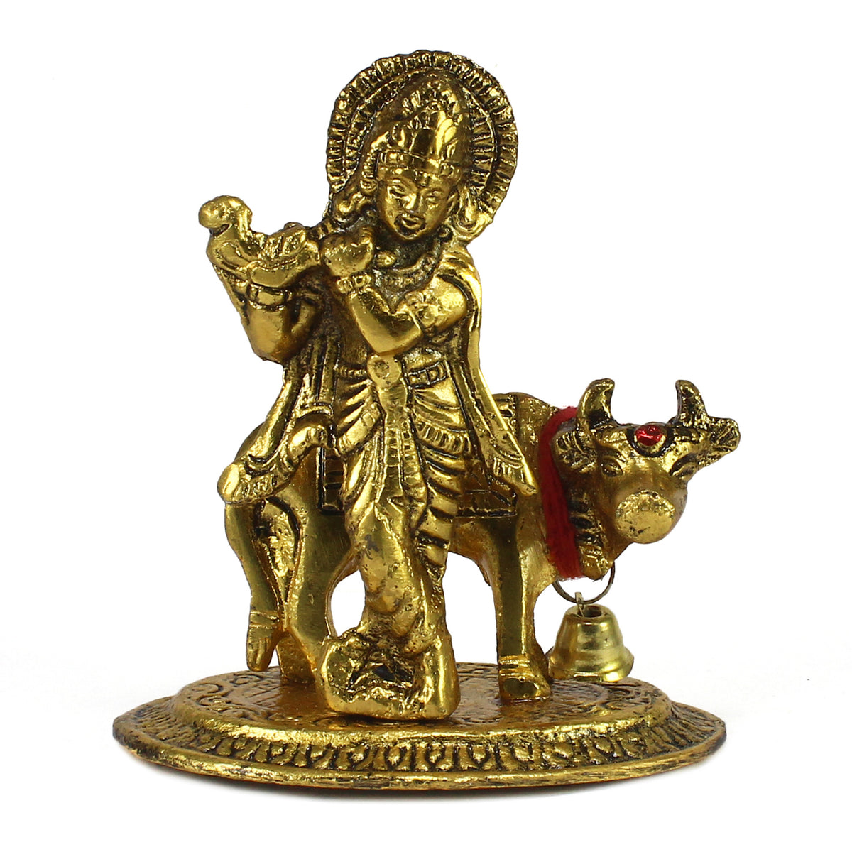 Golden Lord Krishna With Flute And Cow | Krishna Playing Flute Idol ...