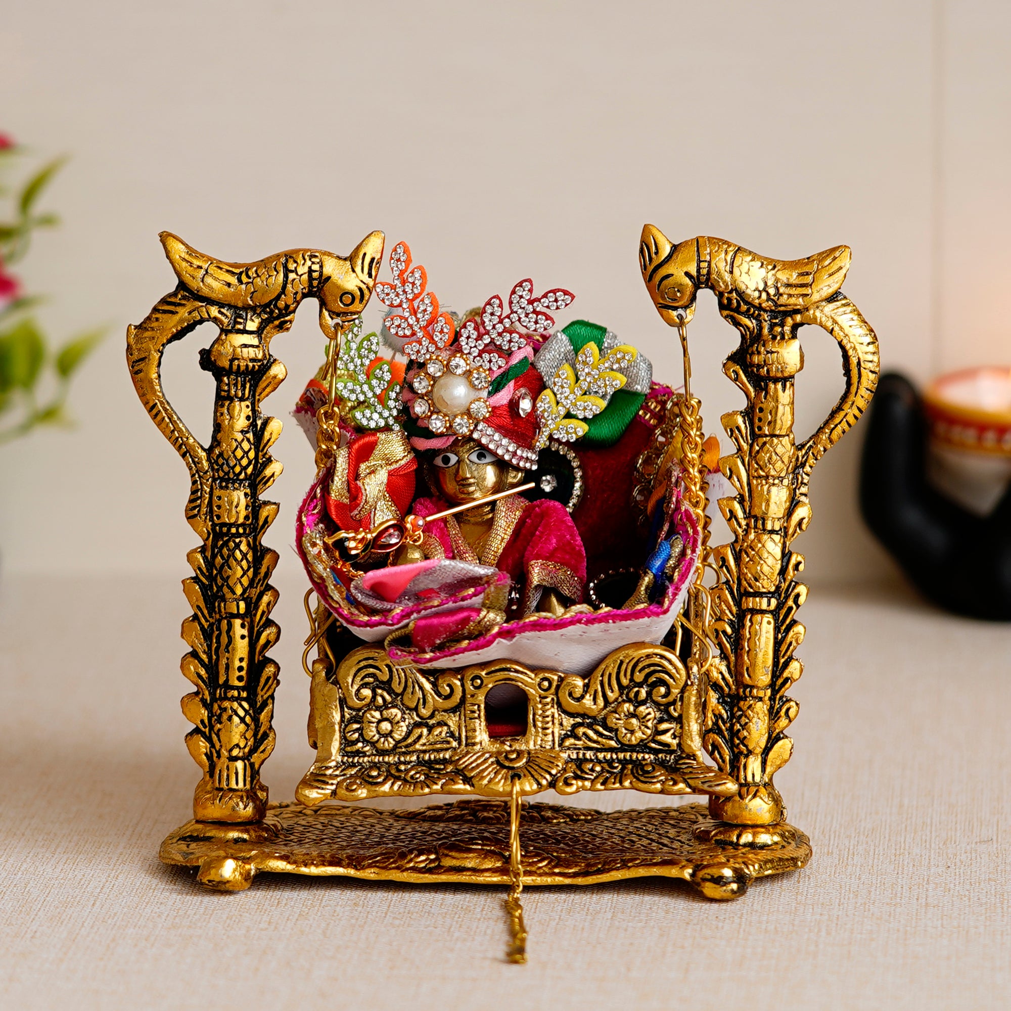 Golden Bal Gopal on a Decorative Swing Showpiece