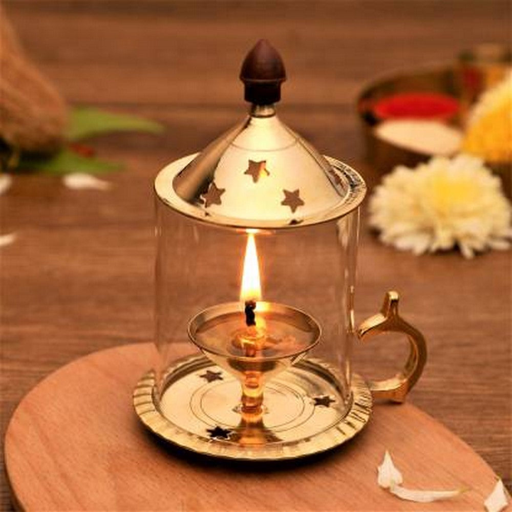 Brass Akhand Diya with Glass and option to old