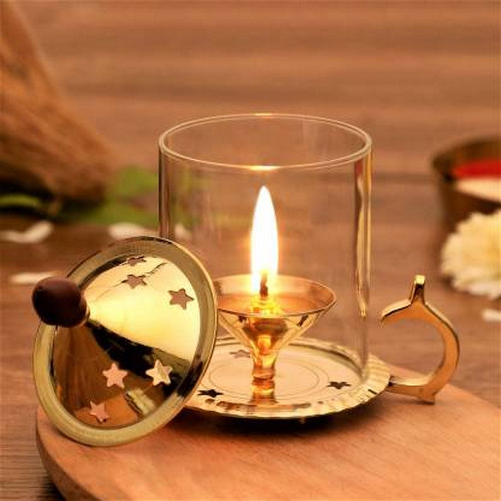 Brass Akhand Diya with Glass and option to old 3