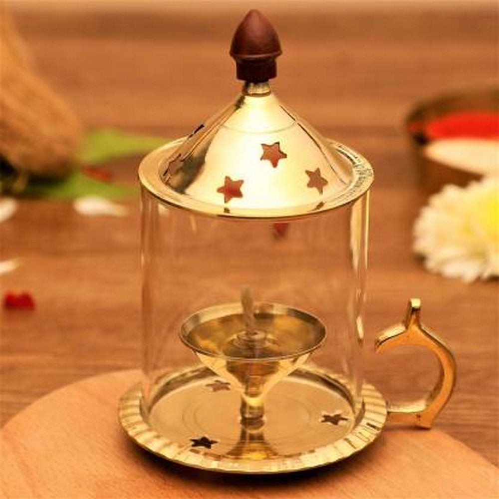 Brass Akhand Diya with Glass and option to old 4