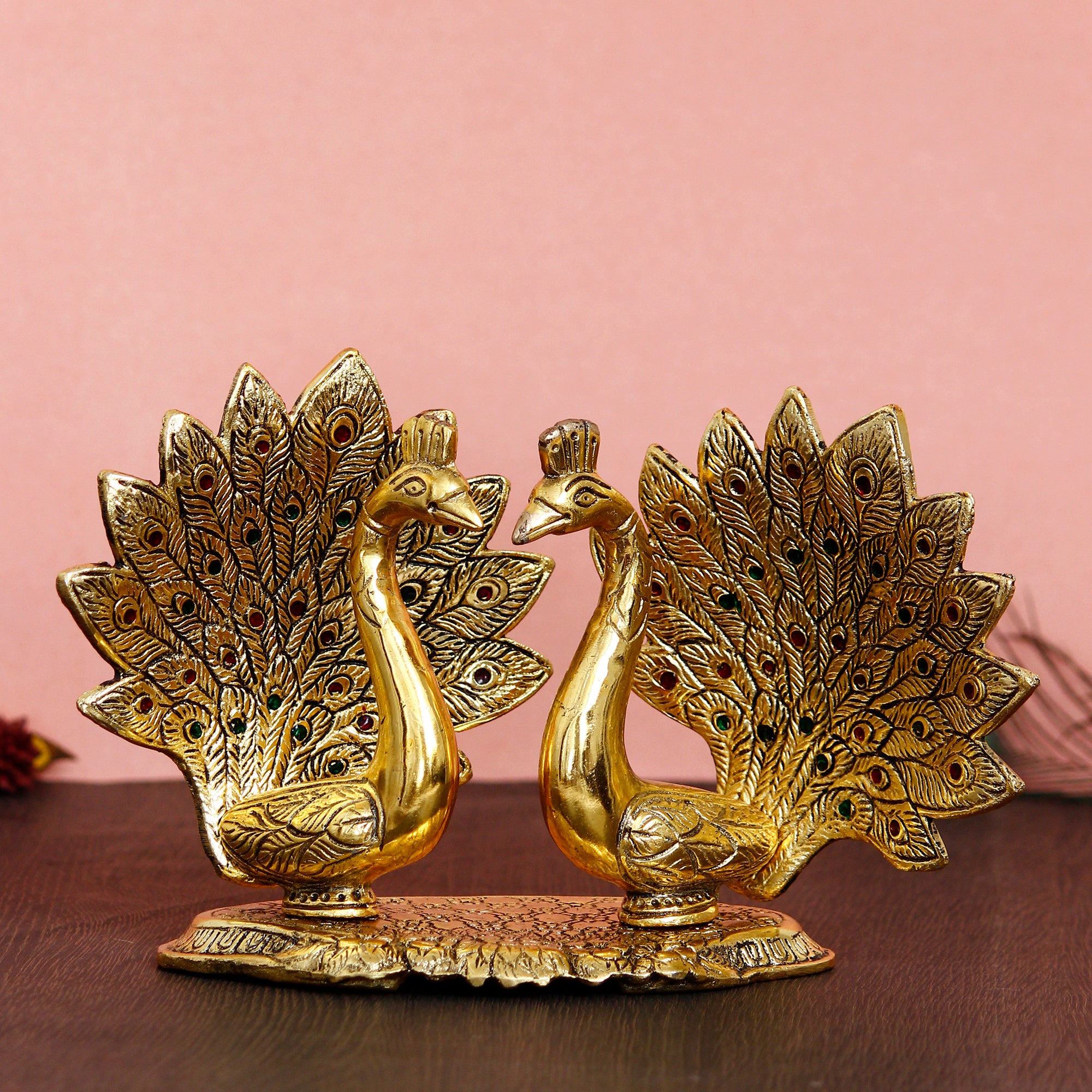 Set Of 2 Loving Golden Peacock Statue Decorative Metal Bird Figurines