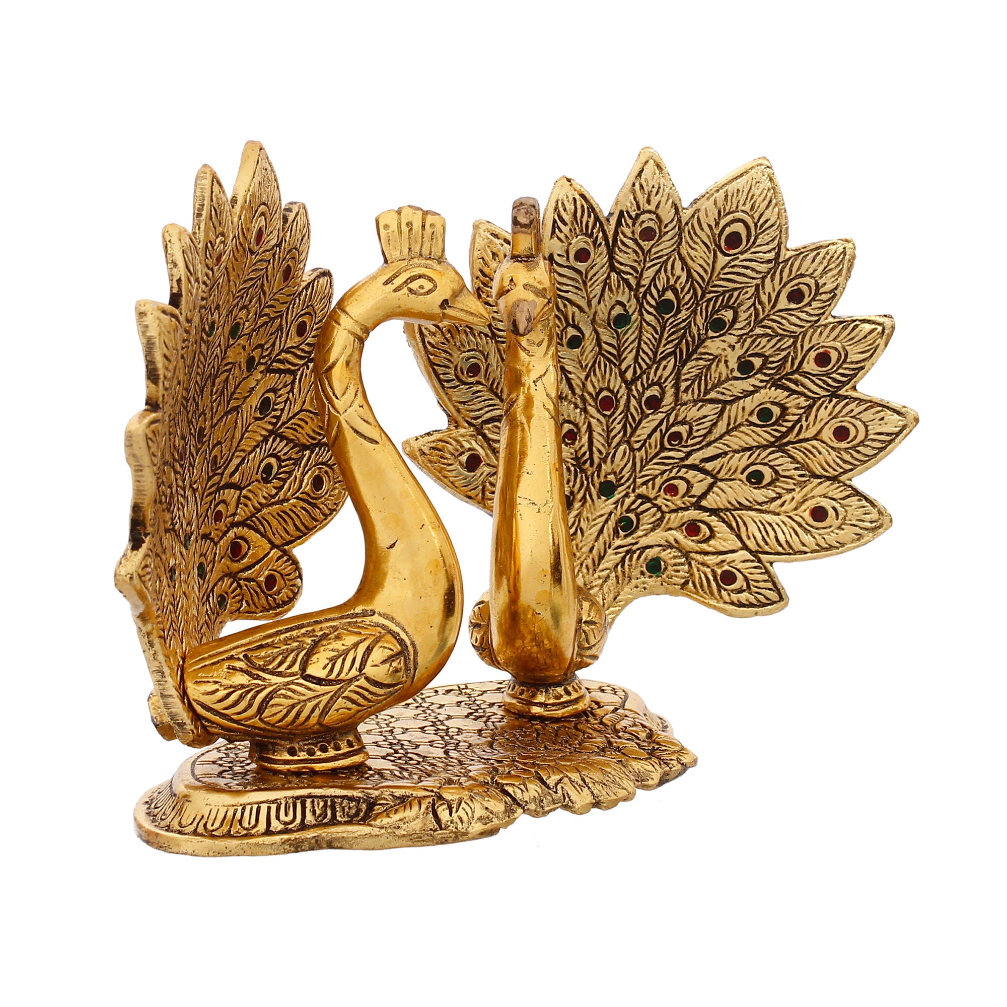 Set Of 2 Loving Golden Peacock Statue Decorative Metal Bird Figurines 5