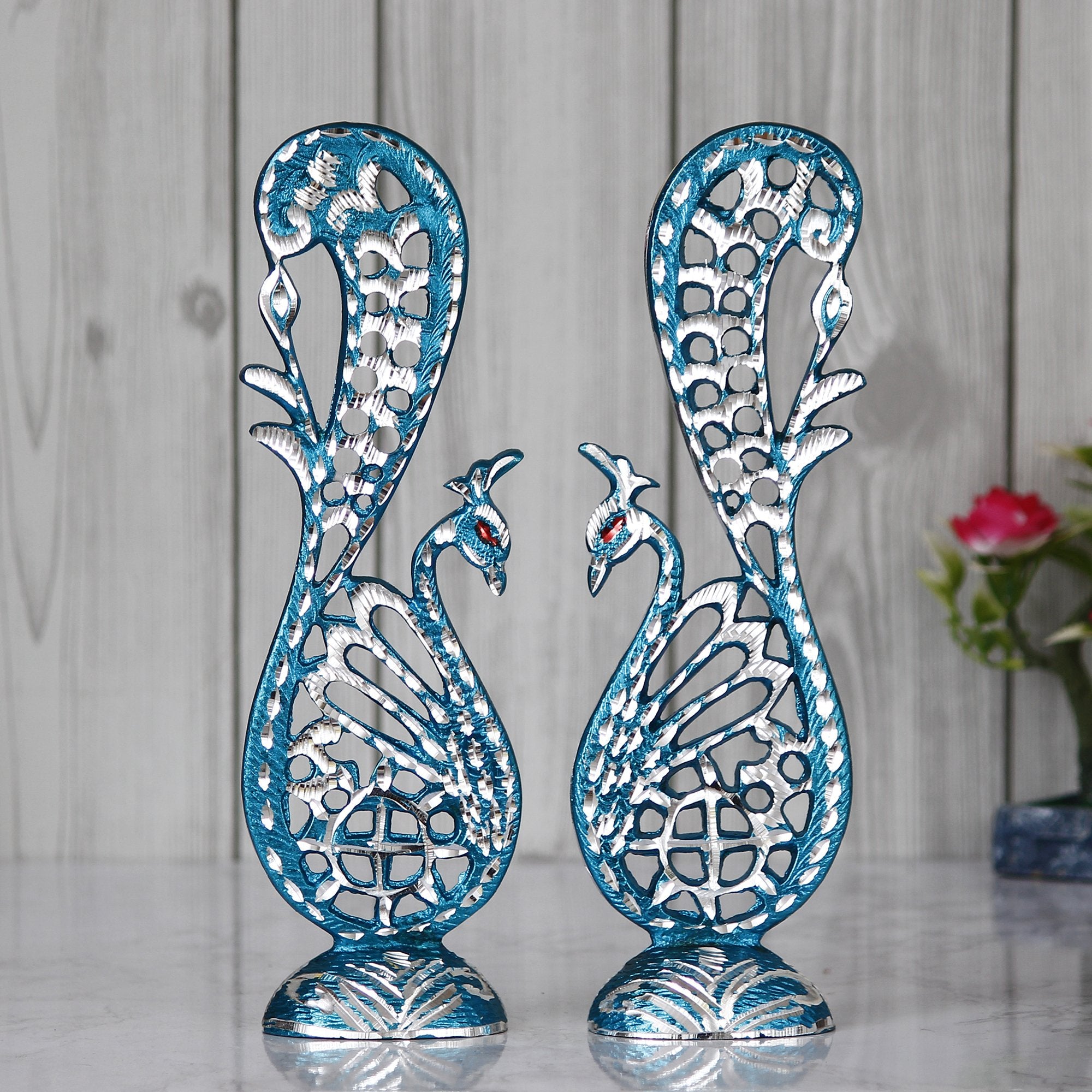 Blue Dancing Peacock Couple 11 Inch Decorative Figurine Showpiece