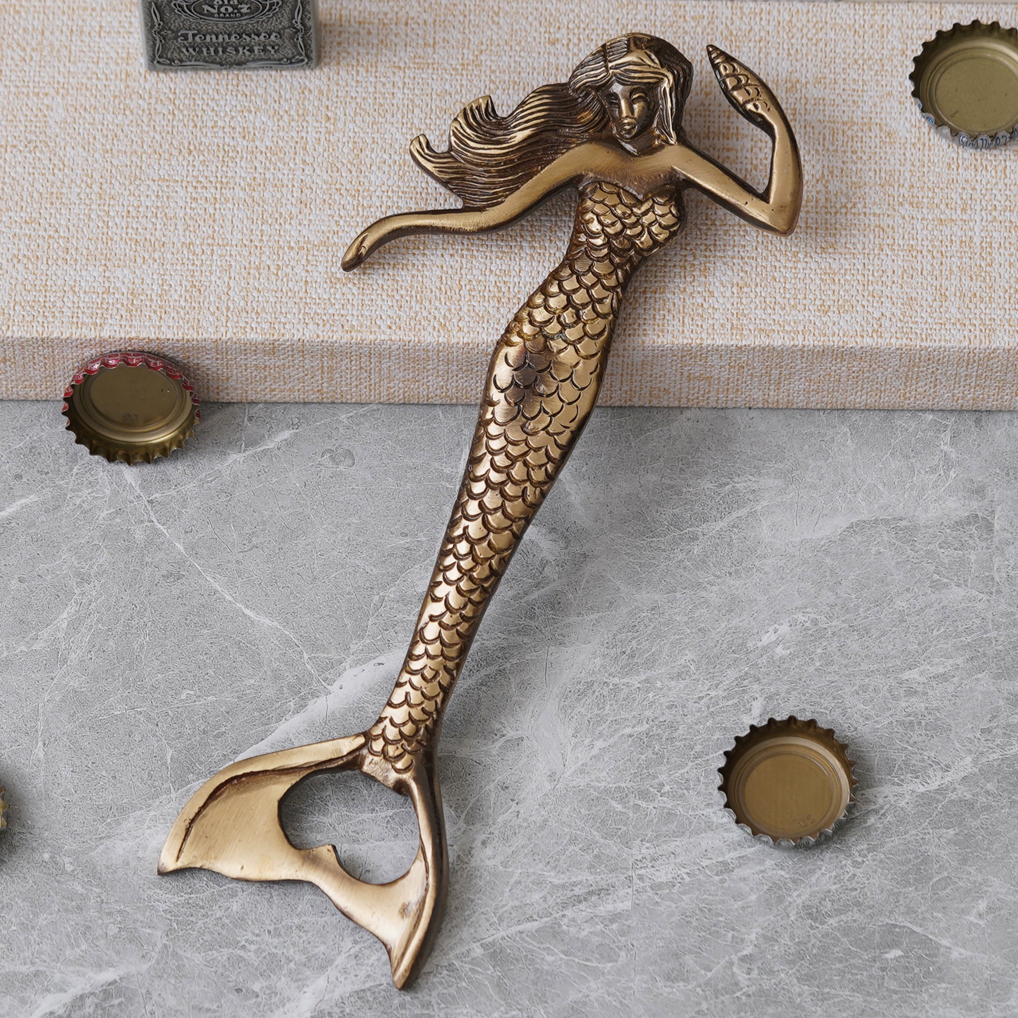 eCraftIndia Golden Brass Handcrafted Mermaid Shaped Decorative Bottle Opener