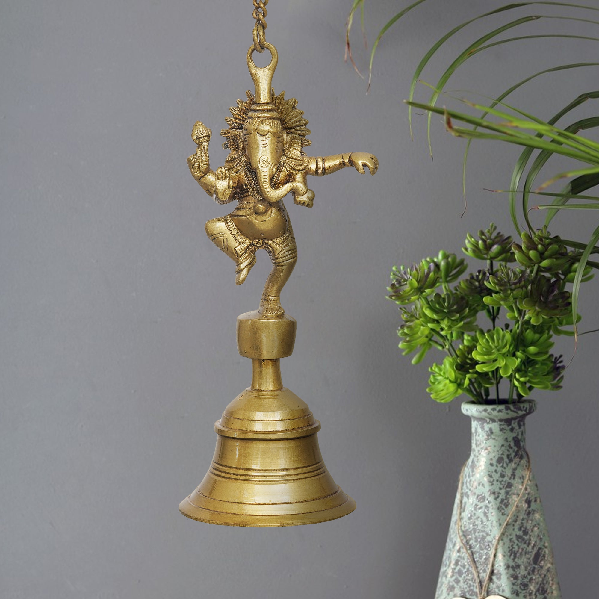 eCraftIndia Golden Brass Dancing Ganesha Idol Wall Hanging Bell with Chain