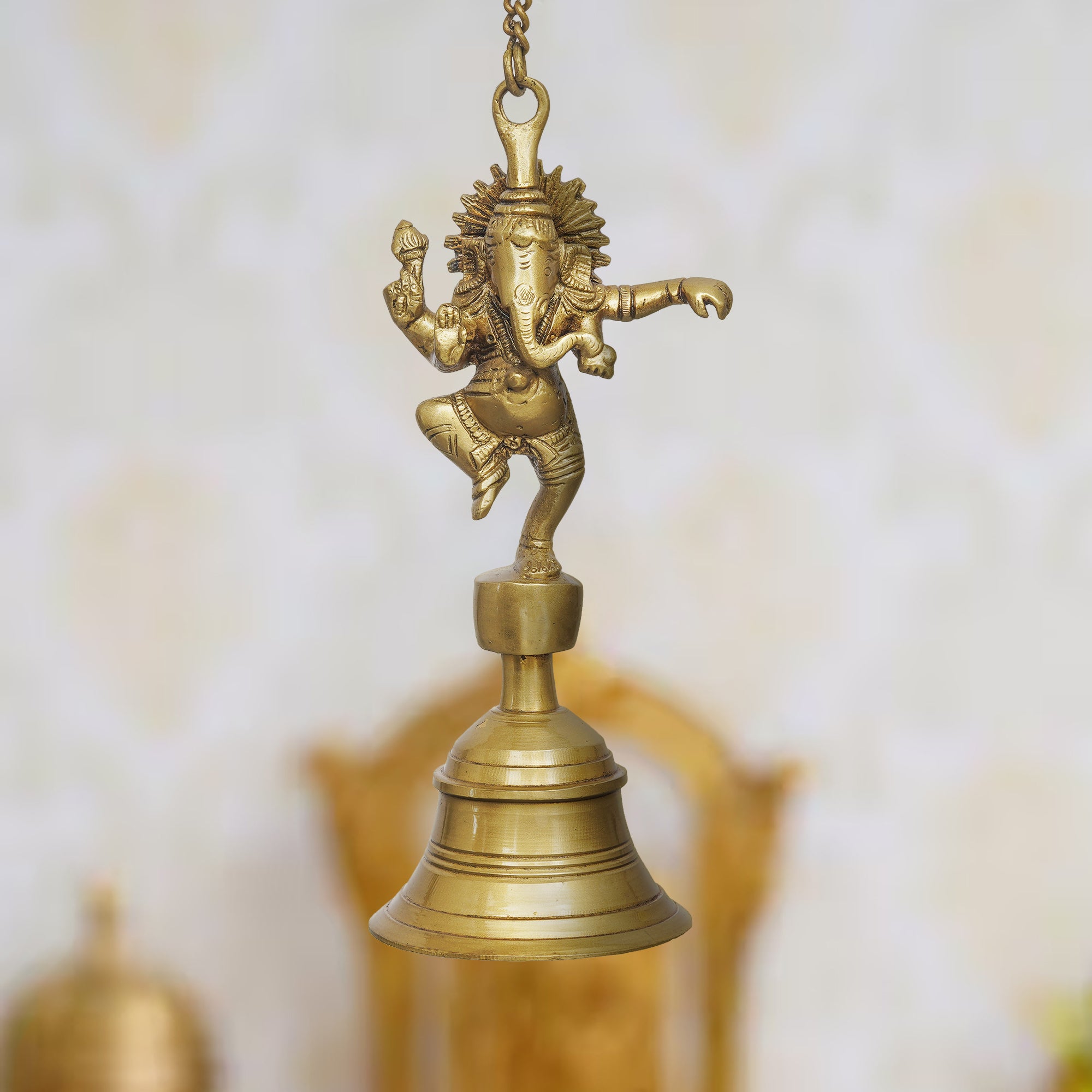 eCraftIndia Golden Brass Dancing Ganesha Idol Wall Hanging Bell with Chain 1