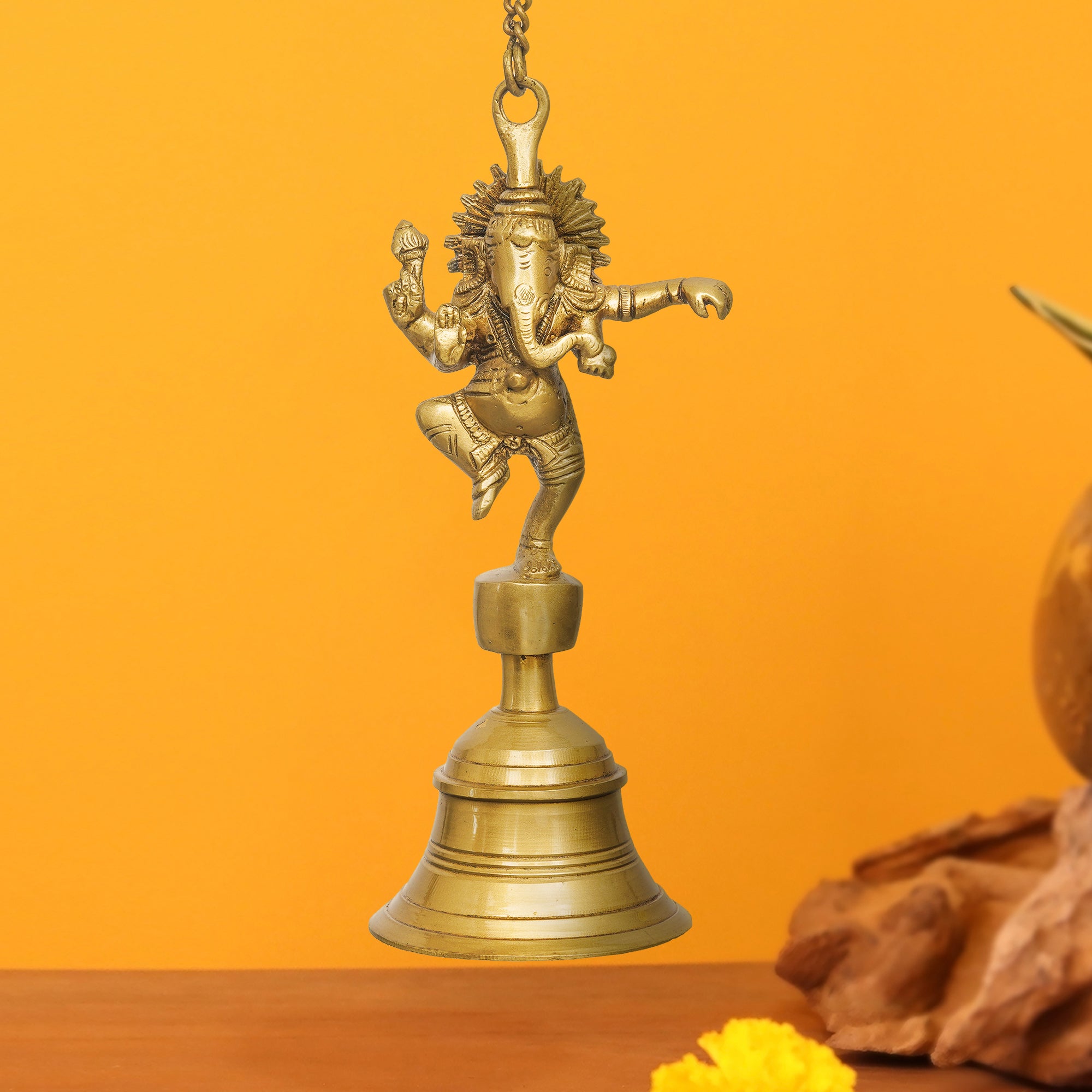 eCraftIndia Golden Brass Dancing Ganesha Idol Wall Hanging Bell with Chain 2