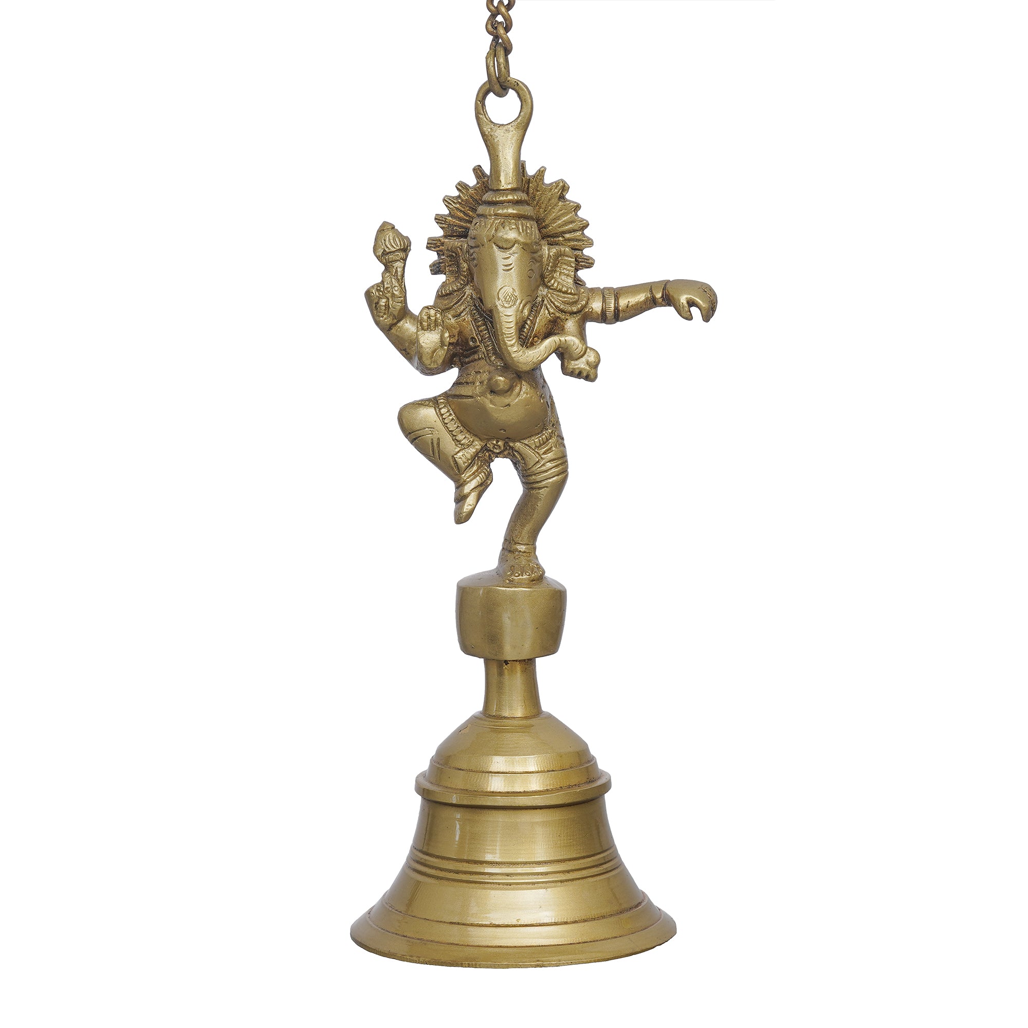 eCraftIndia Golden Brass Dancing Ganesha Idol Wall Hanging Bell with Chain 6