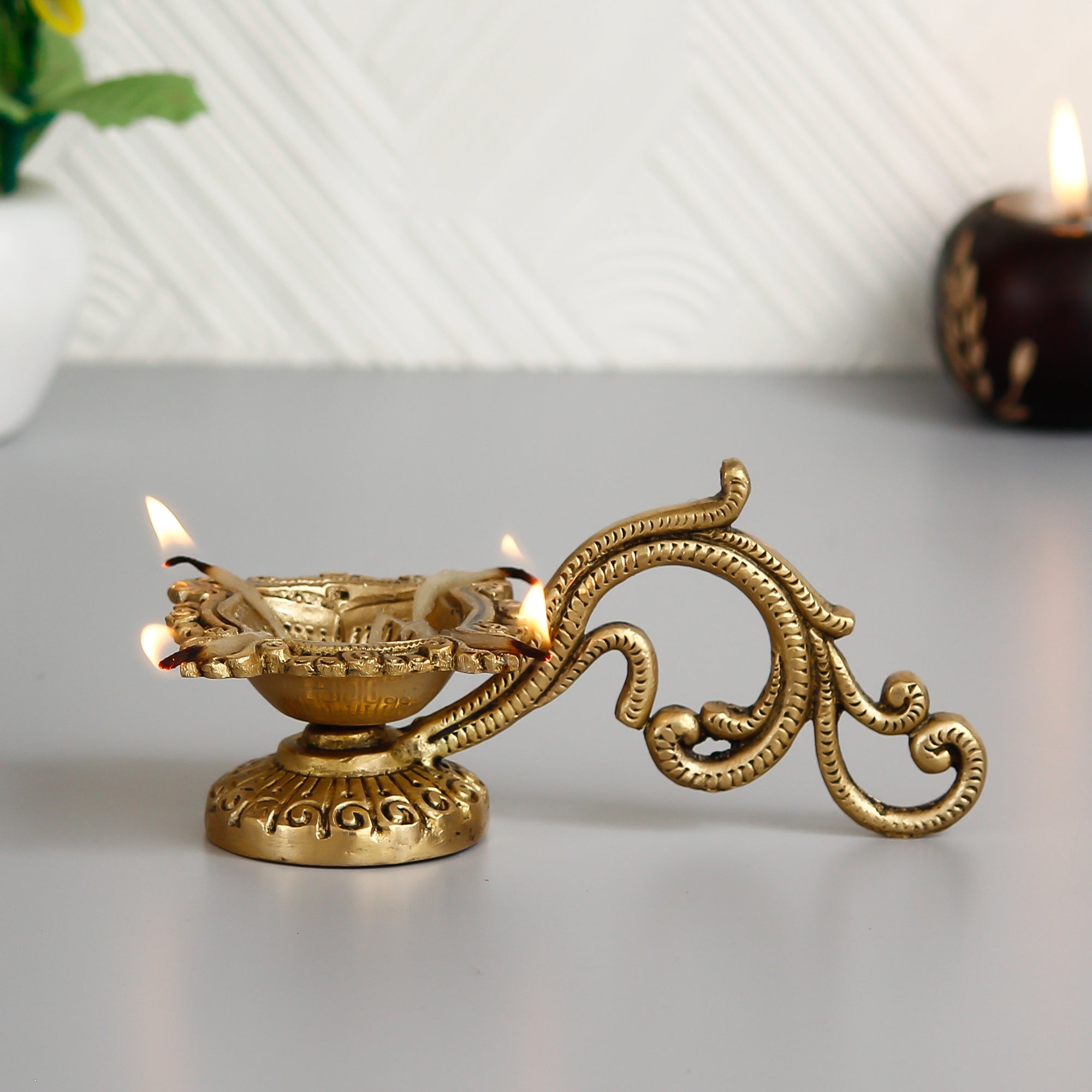 Ethnic Carved Brass Diya with 4 Wicks for Pooja Room and Temple