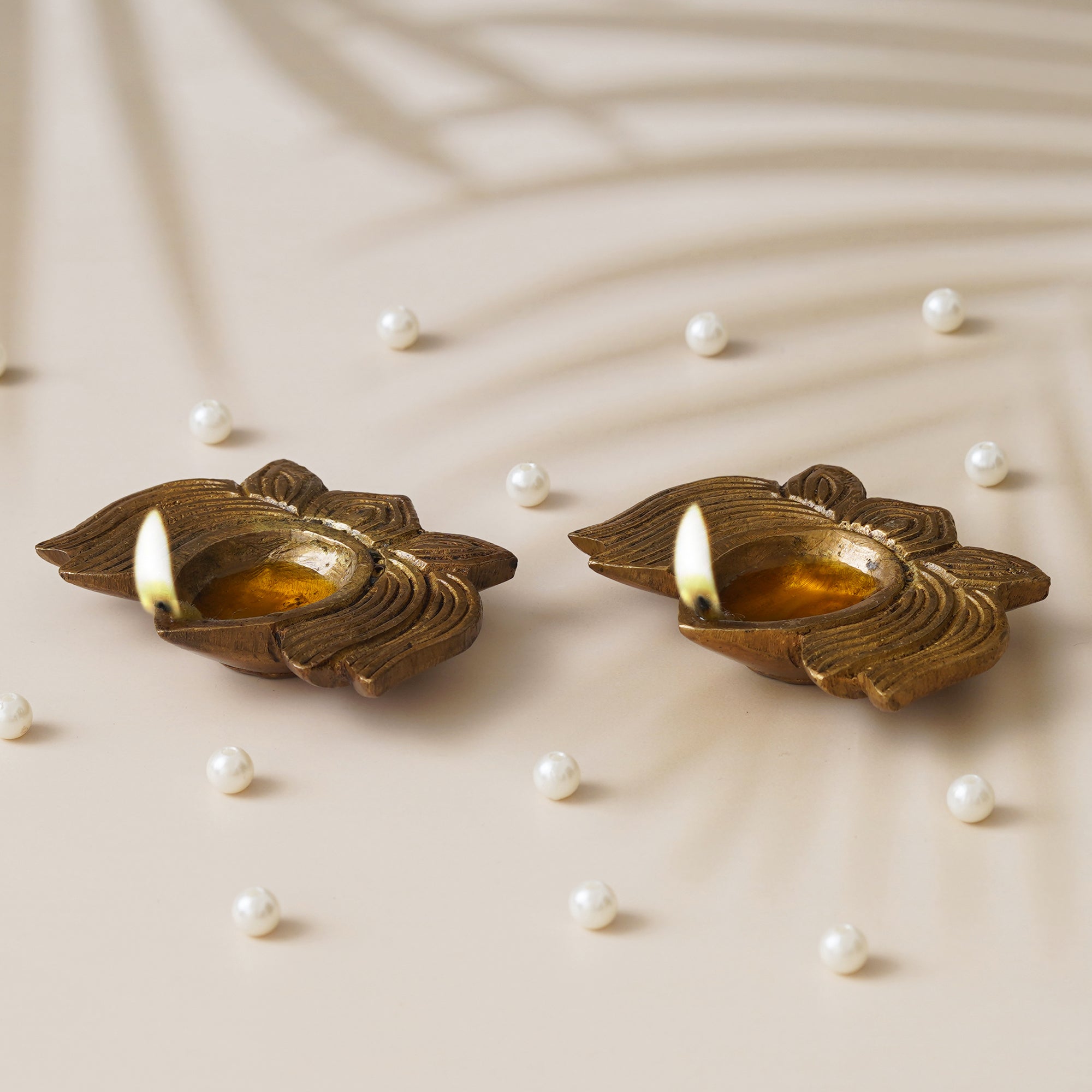 eCraftIndia Set of 2 Traditional Golden Lotus Shaped Brass Diyas 1