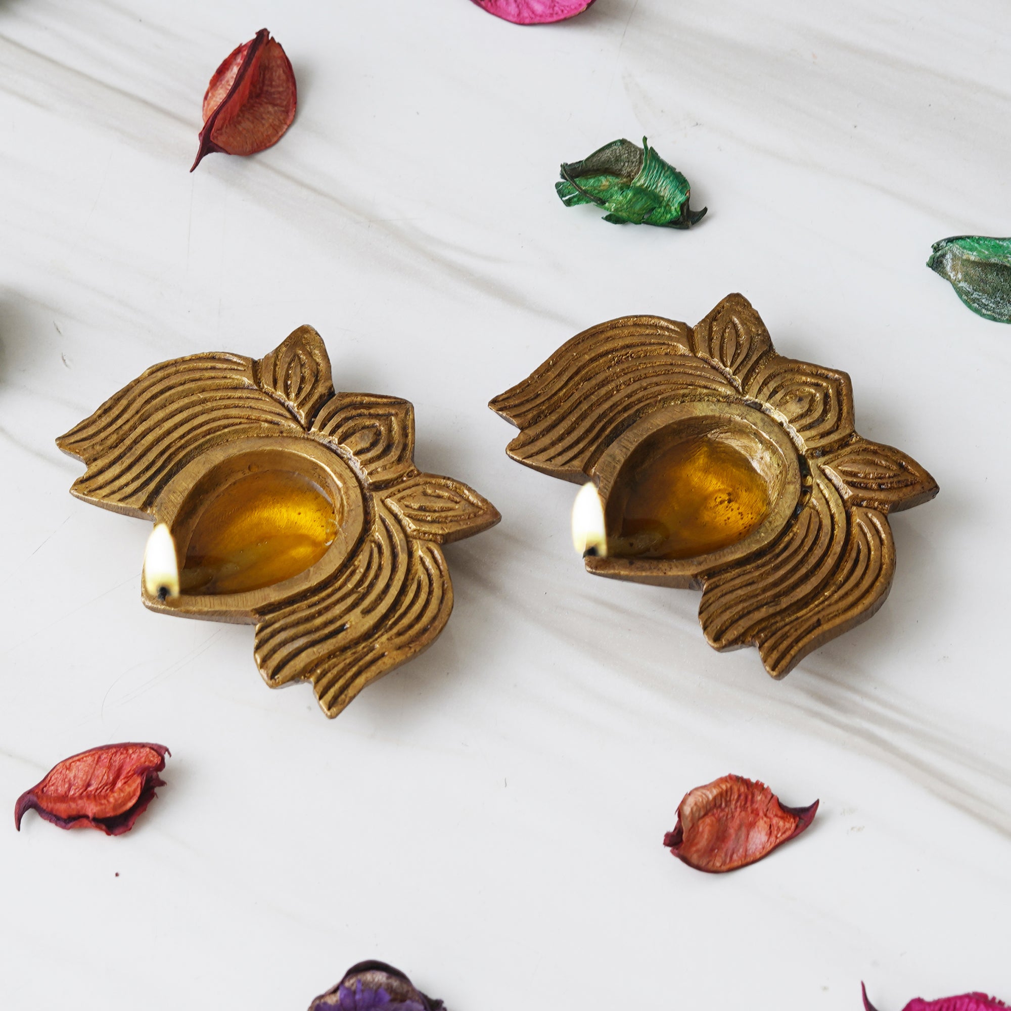 eCraftIndia Set of 2 Traditional Golden Lotus Shaped Brass Diyas 4