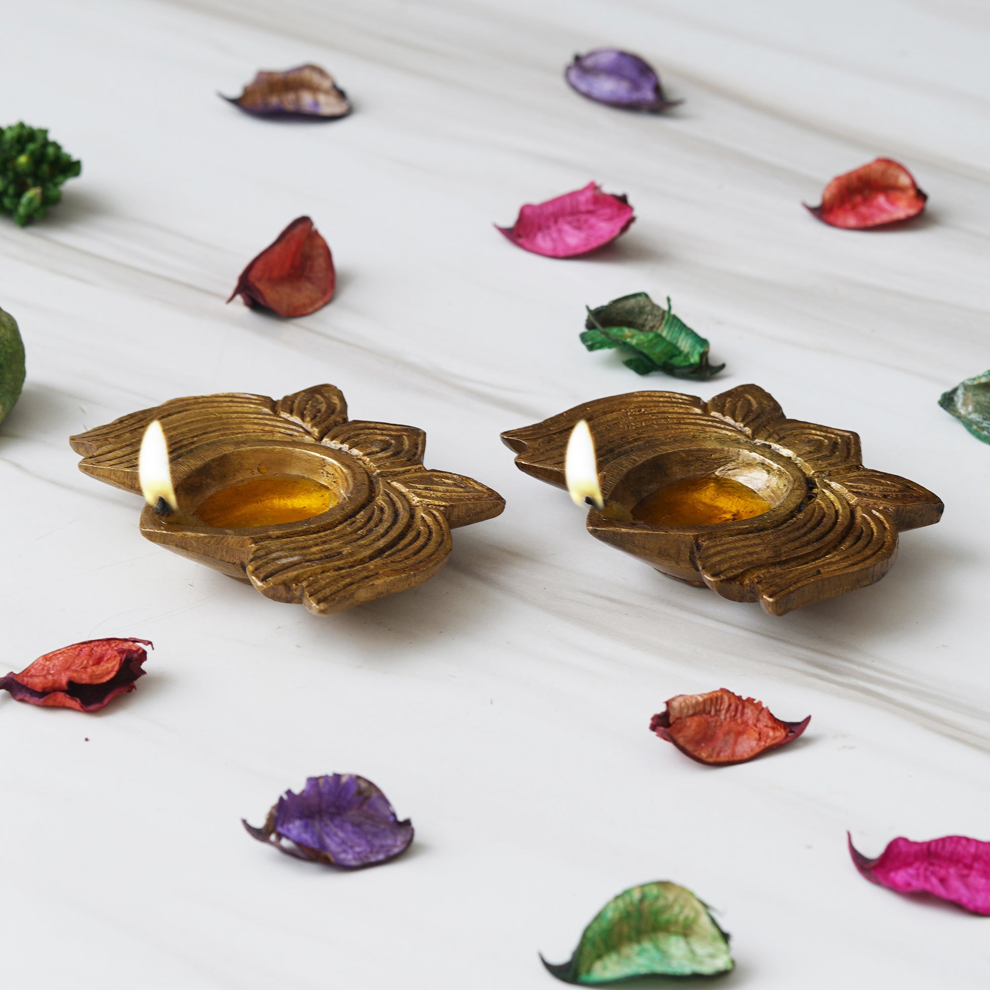 eCraftIndia Set of 2 Traditional Golden Lotus Shaped Brass Diyas 5