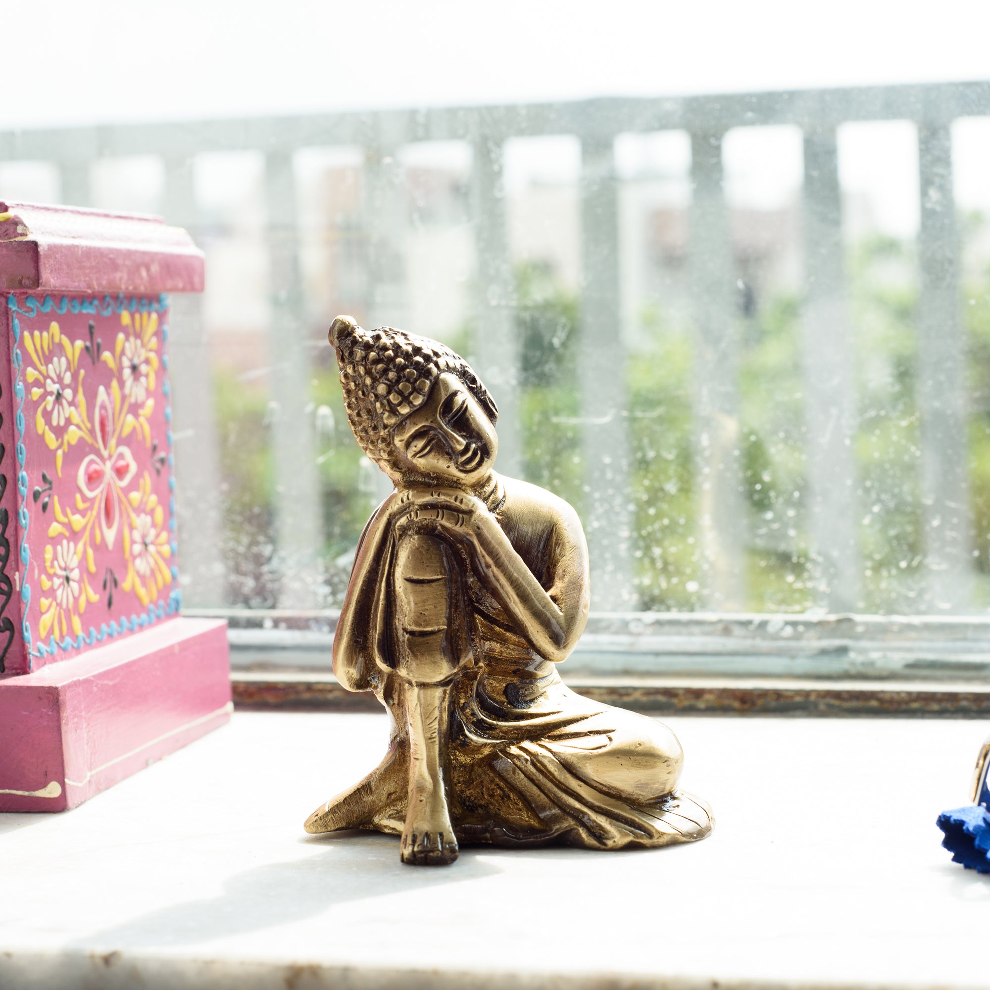 Designer Pearl Rakhi with Brass Buddha Resting Antique Artifact and Roli Chawal Pack, Best Wishes Greeting Card 2