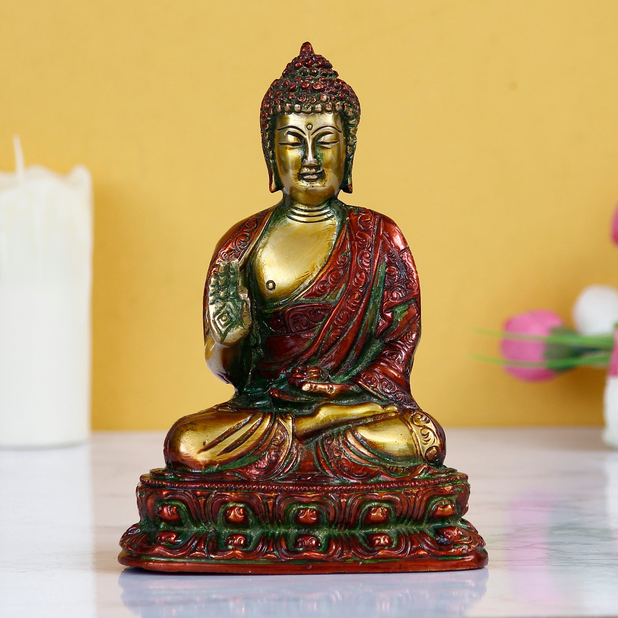 Golden and Red Brass Meditating Blessing Buddha Statue