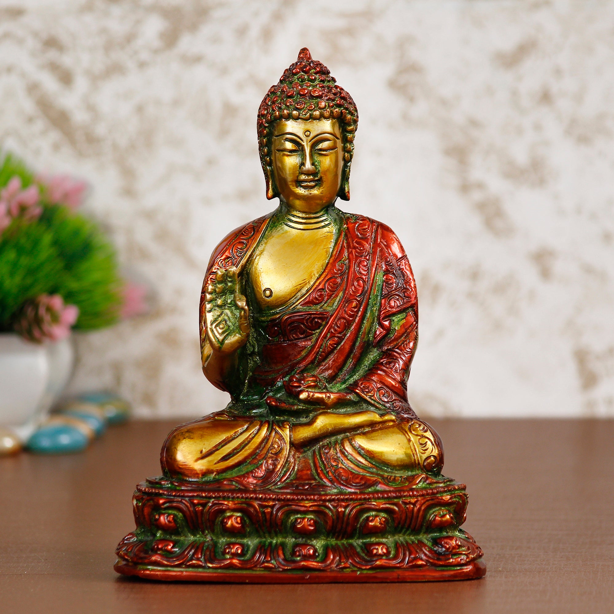 Golden and Red Brass Meditating Blessing Buddha Statue 1