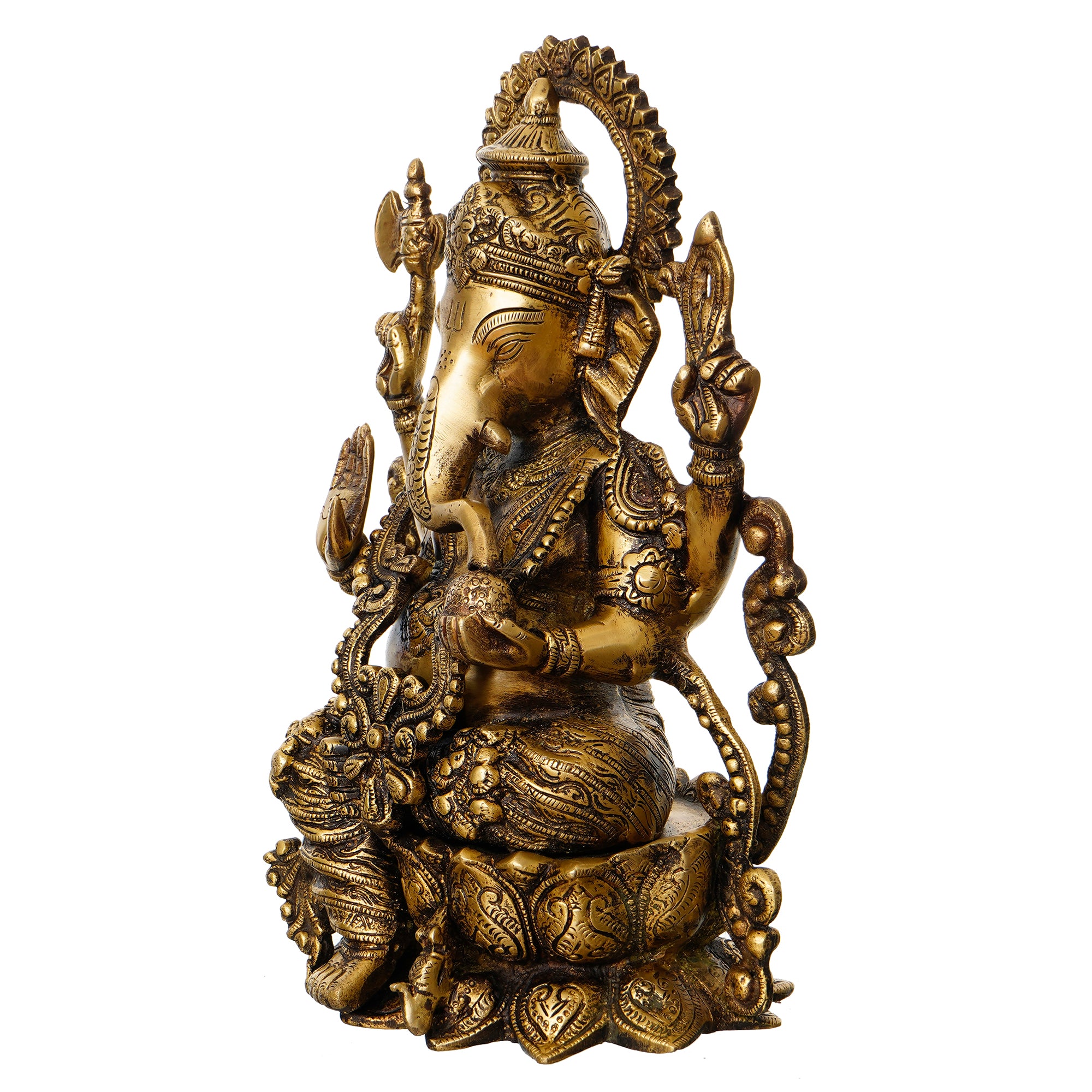 Golden Brass Antique Finish Handcrafted Blessing Lord Ganesha Idol 4