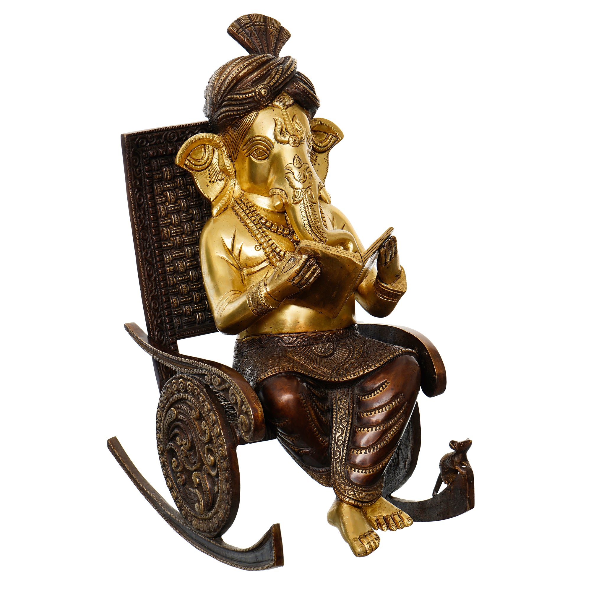 Golden Brass Lord Ganesha Idol Reading Book and Sitting on Rocking Chair 2