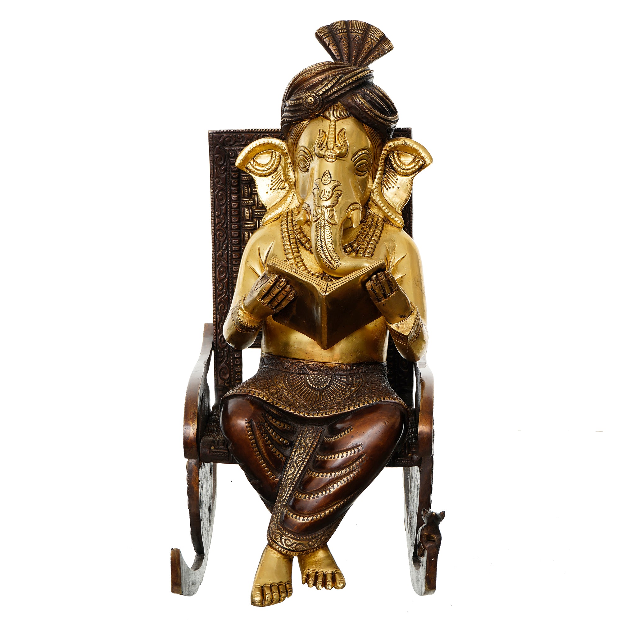 Golden Brass Lord Ganesha Idol Reading Book and Sitting on Rocking Chair 4