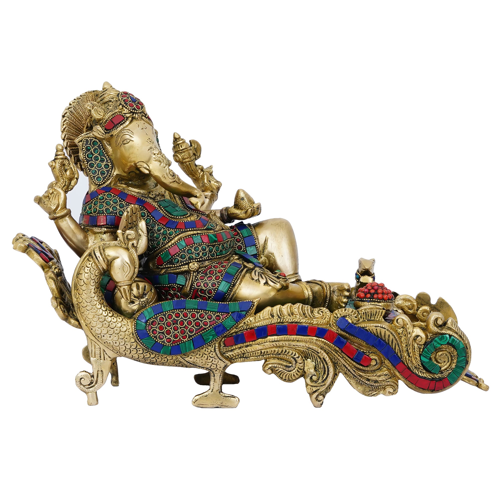 Golden Colorful Stone Work Brass Handcrafted Resting Lord Ganesha Idol 4