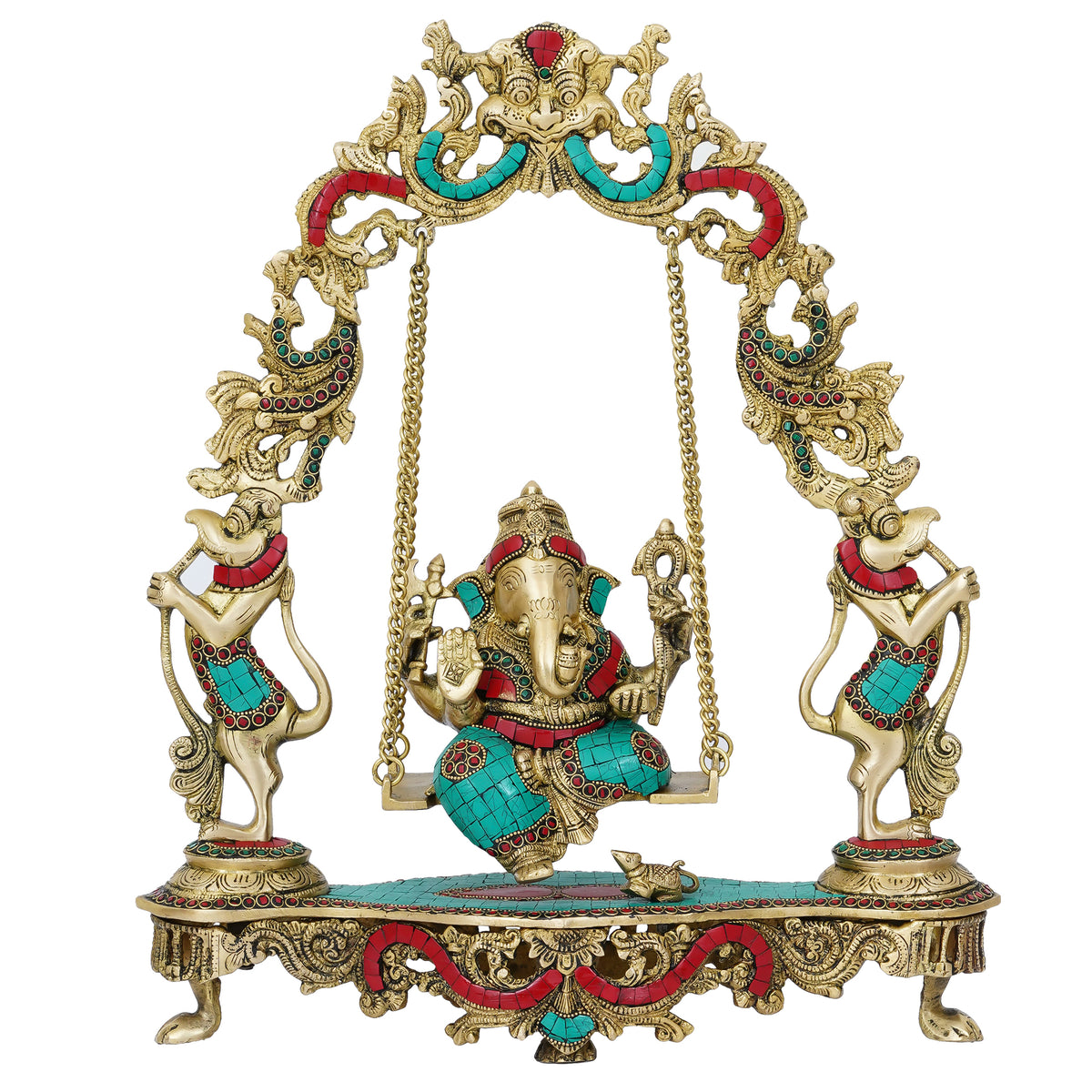 Lord Ganesha on a Swing Handcrafted Brass Idol with Stone Work ...