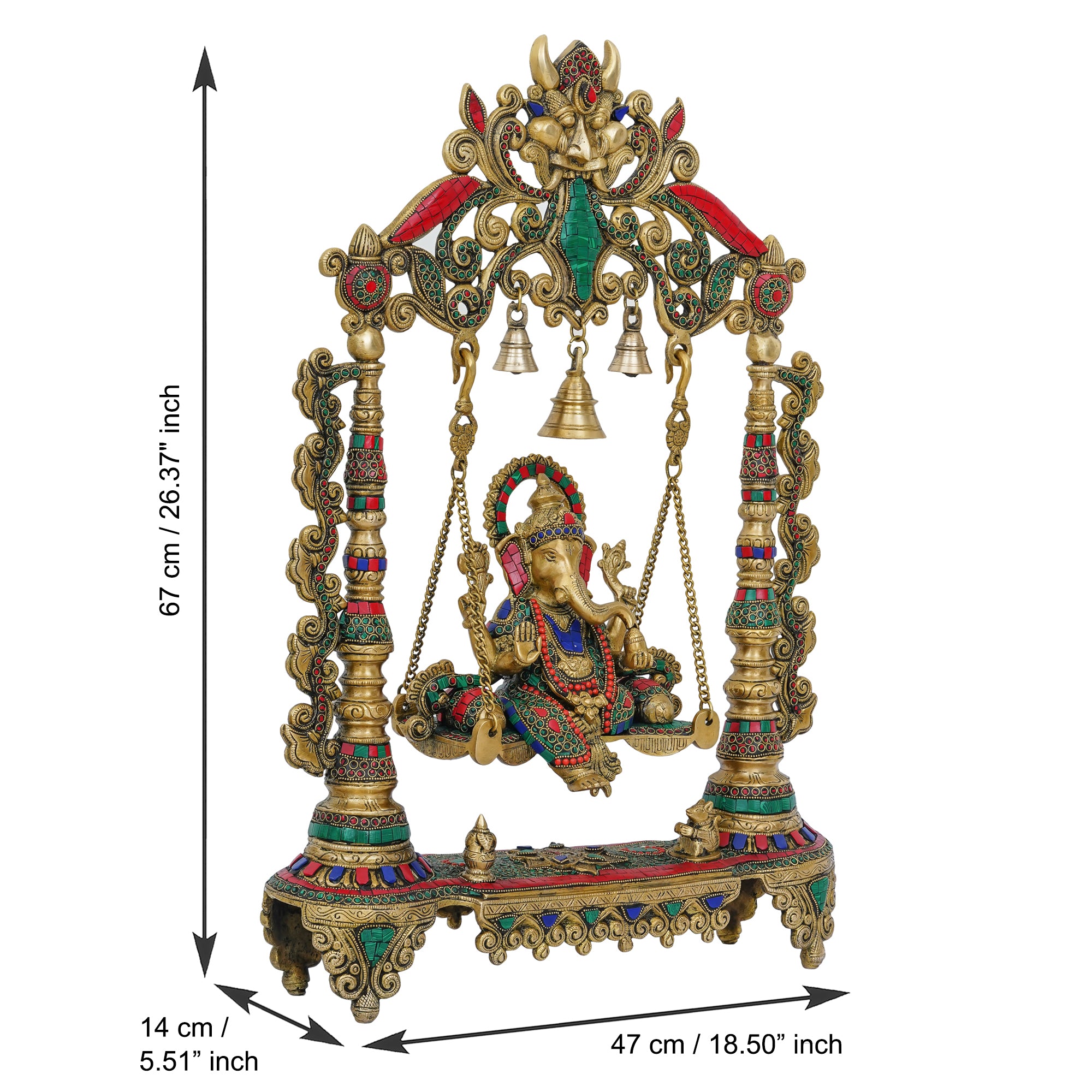 Stone Work Brass Handcrafted Lord Ganesha Idol on a Decorated Swing 3