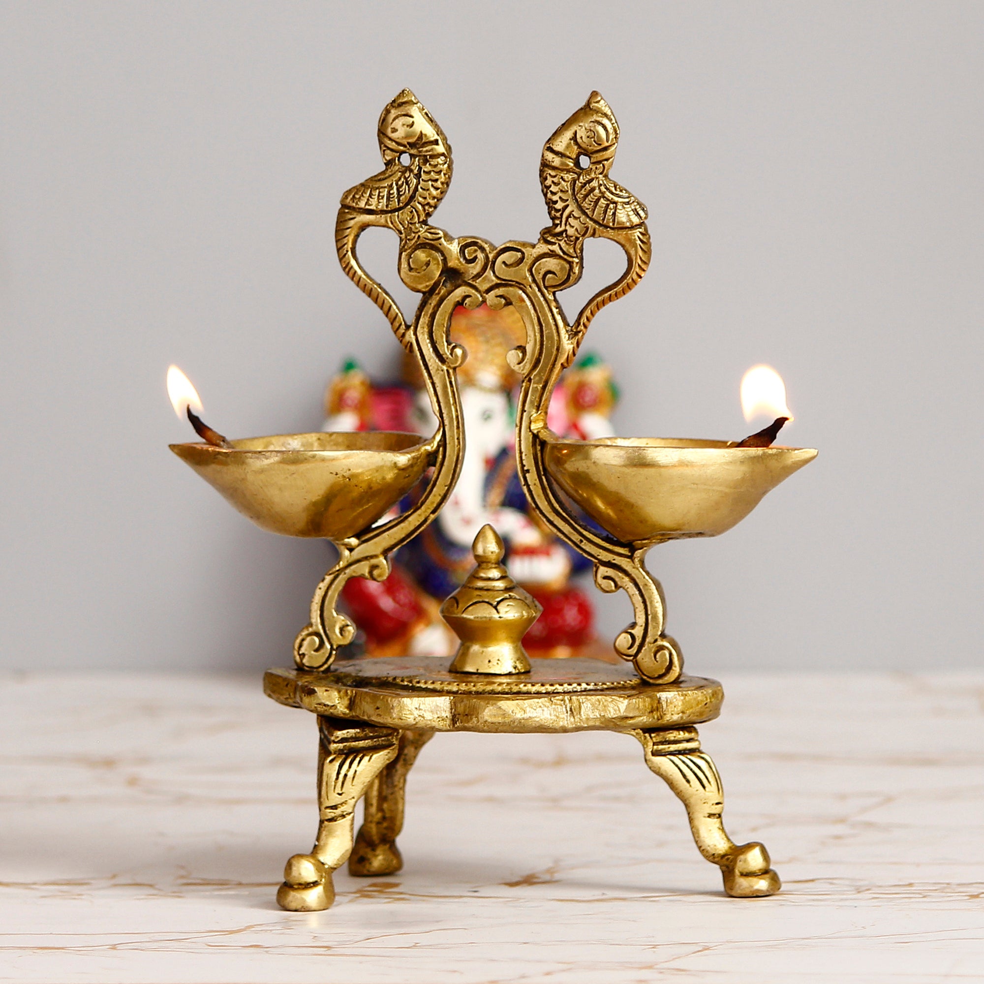 Golden Parrot Design Antique Finish Decorative Handcrafted Brass Diya for 6 Wicks With Stand 2