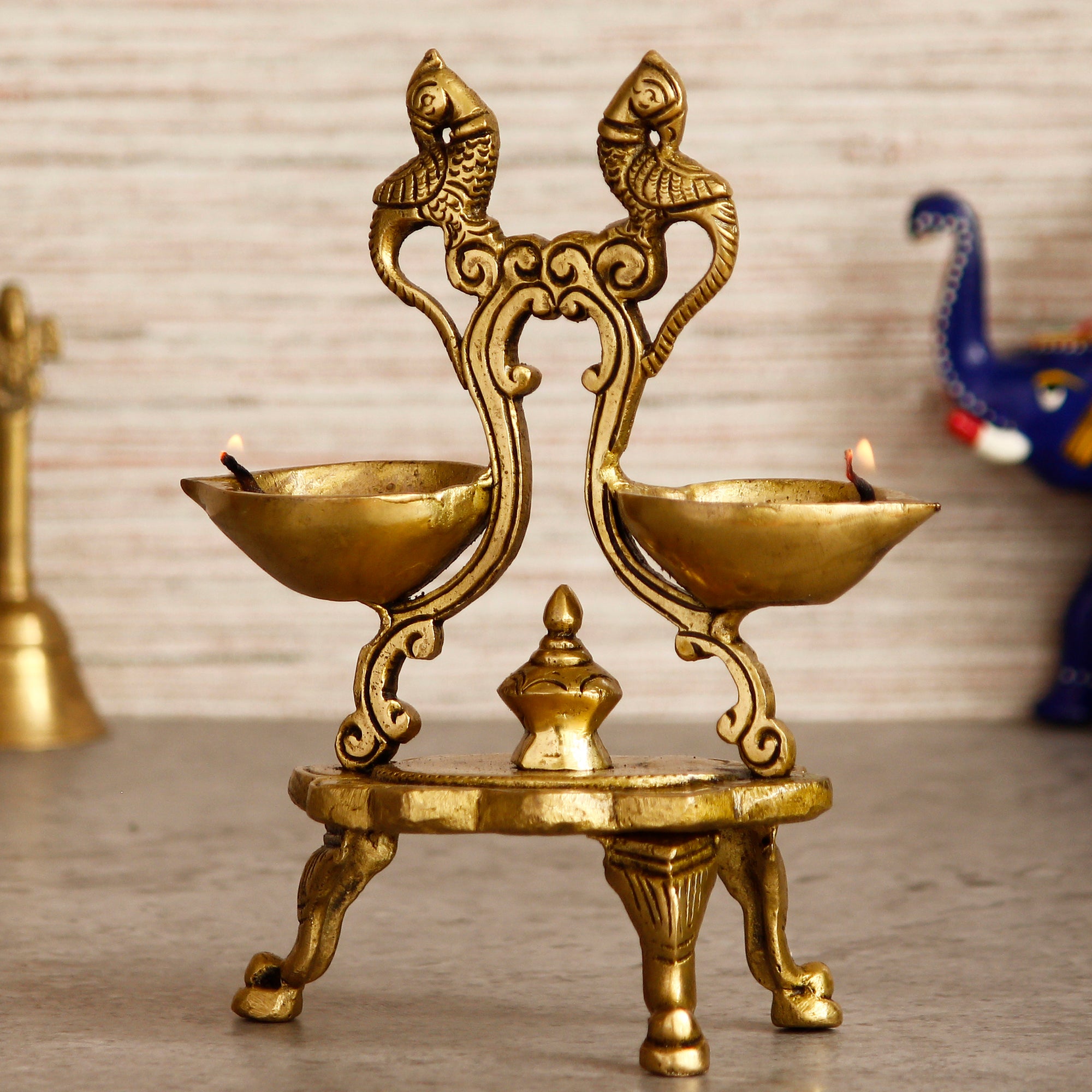 Golden Parrot Design Antique Finish Decorative Handcrafted Brass Diya for 6 Wicks With Stand