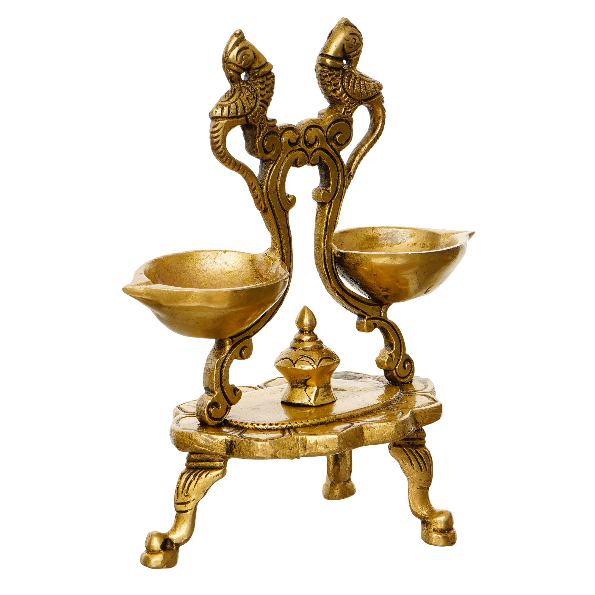 Golden Parrot Design Antique Finish Decorative Handcrafted Brass Diya for 6 Wicks With Stand 3