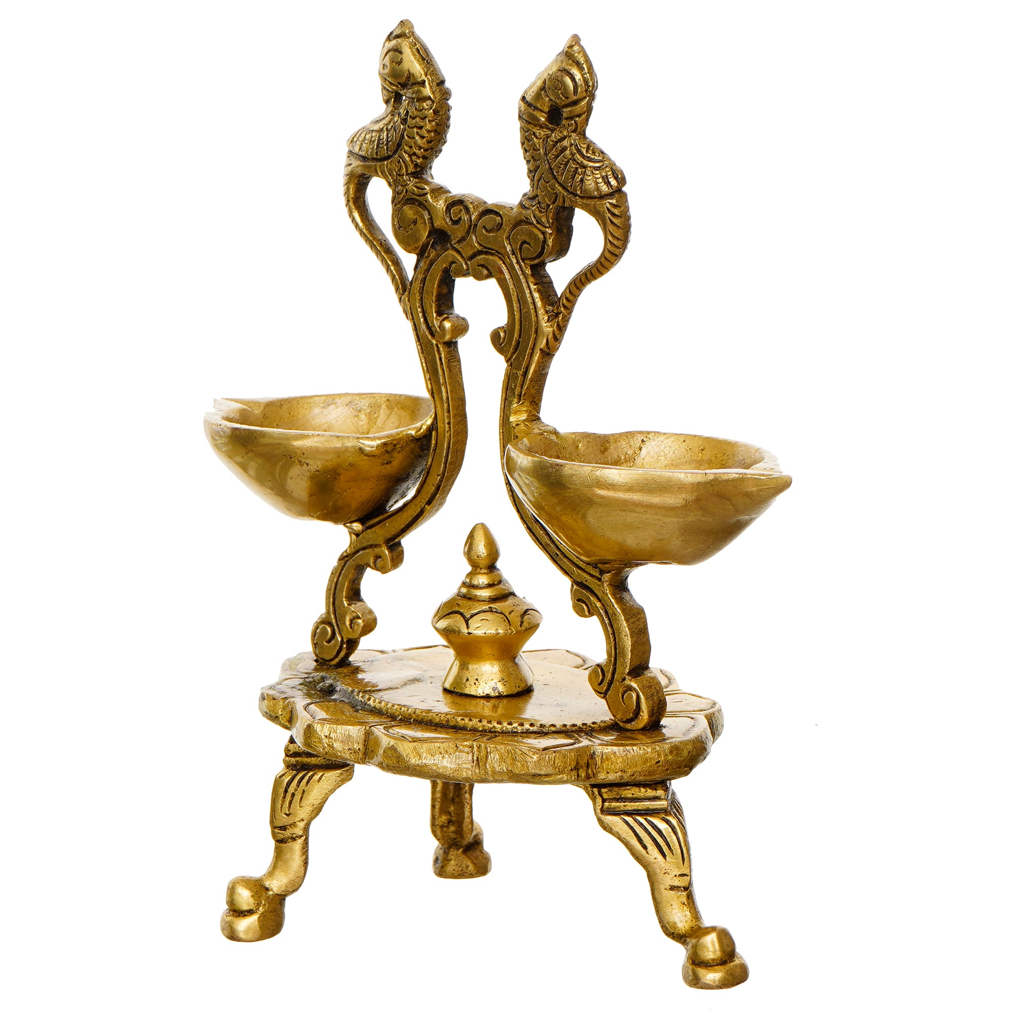 Golden Parrot Design Antique Finish Decorative Handcrafted Brass Diya for 6 Wicks With Stand 5