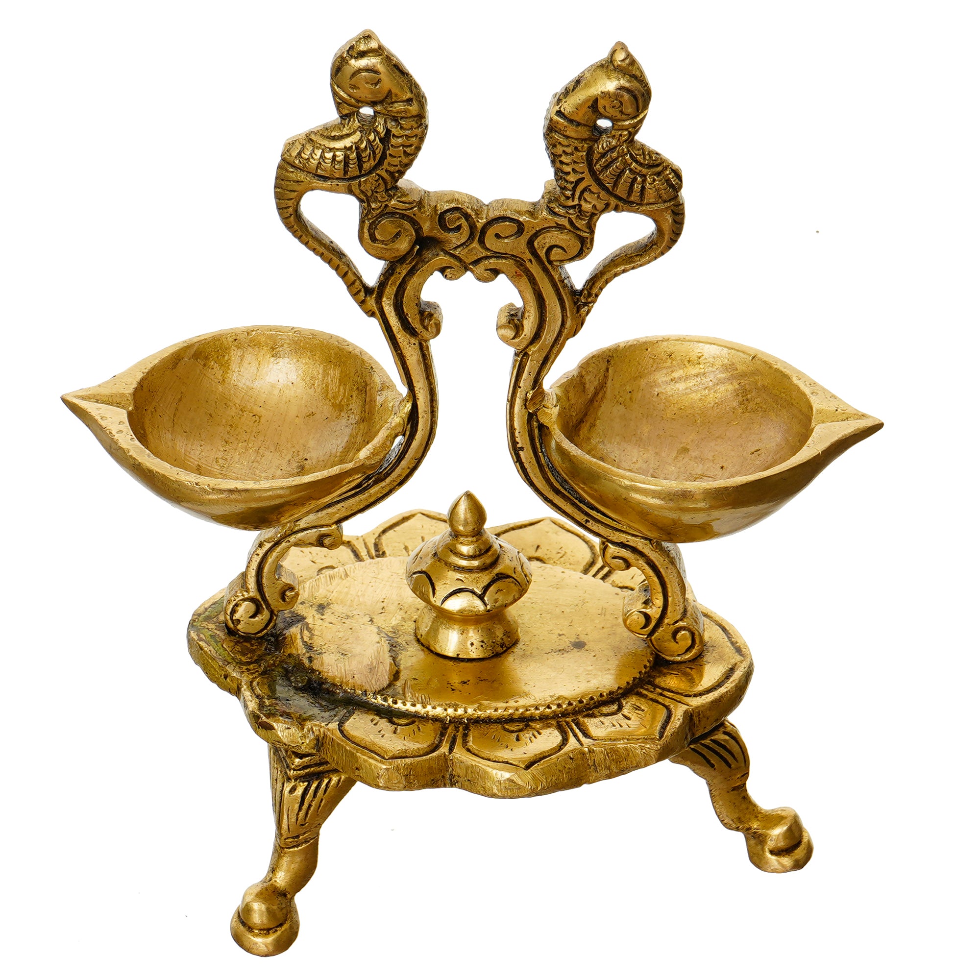 Golden Parrot Design Antique Finish Decorative Handcrafted Brass Diya for 6 Wicks With Stand 6