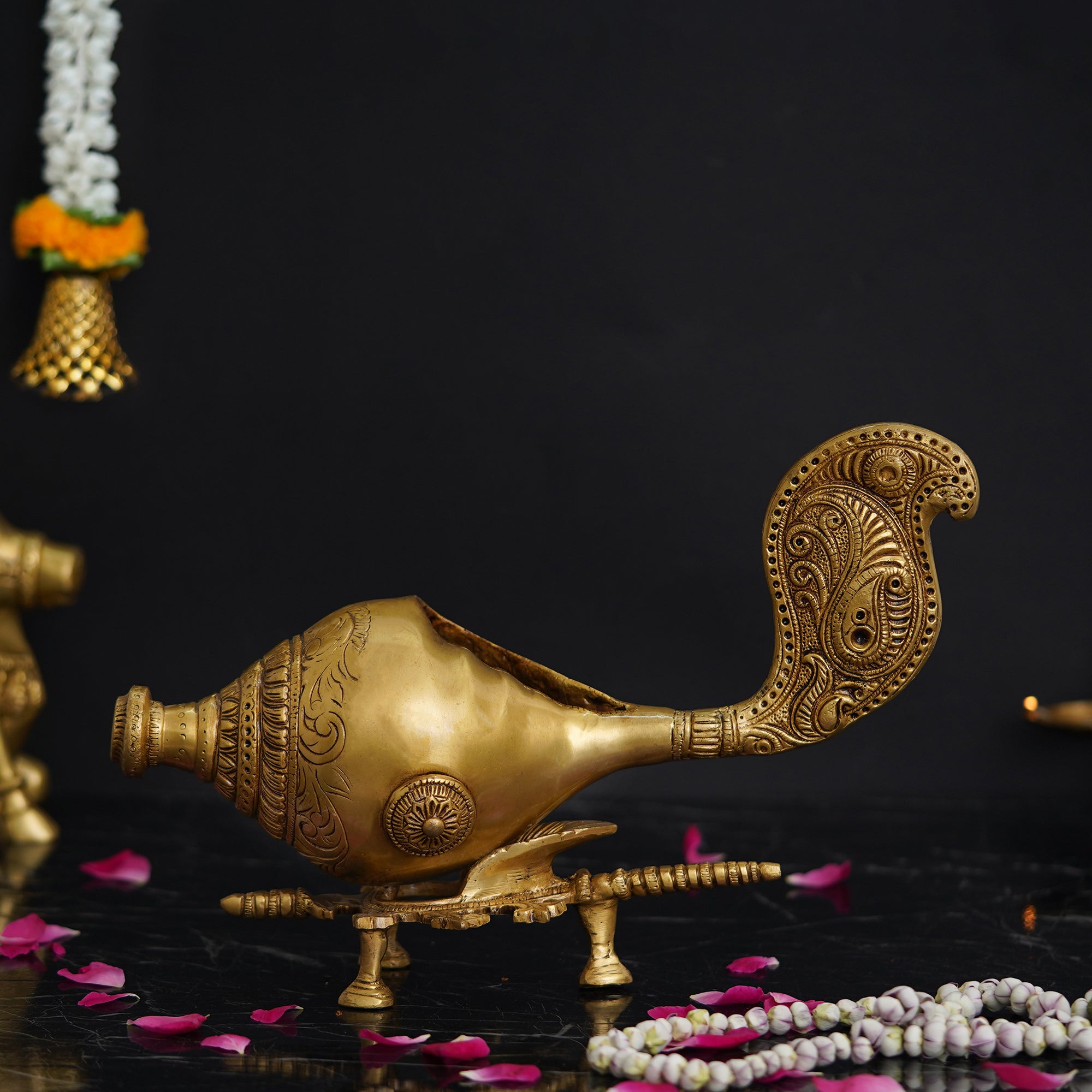 Golden Shankh (Conch) with a Stand Decorative Handcrafted Brass Showpiece