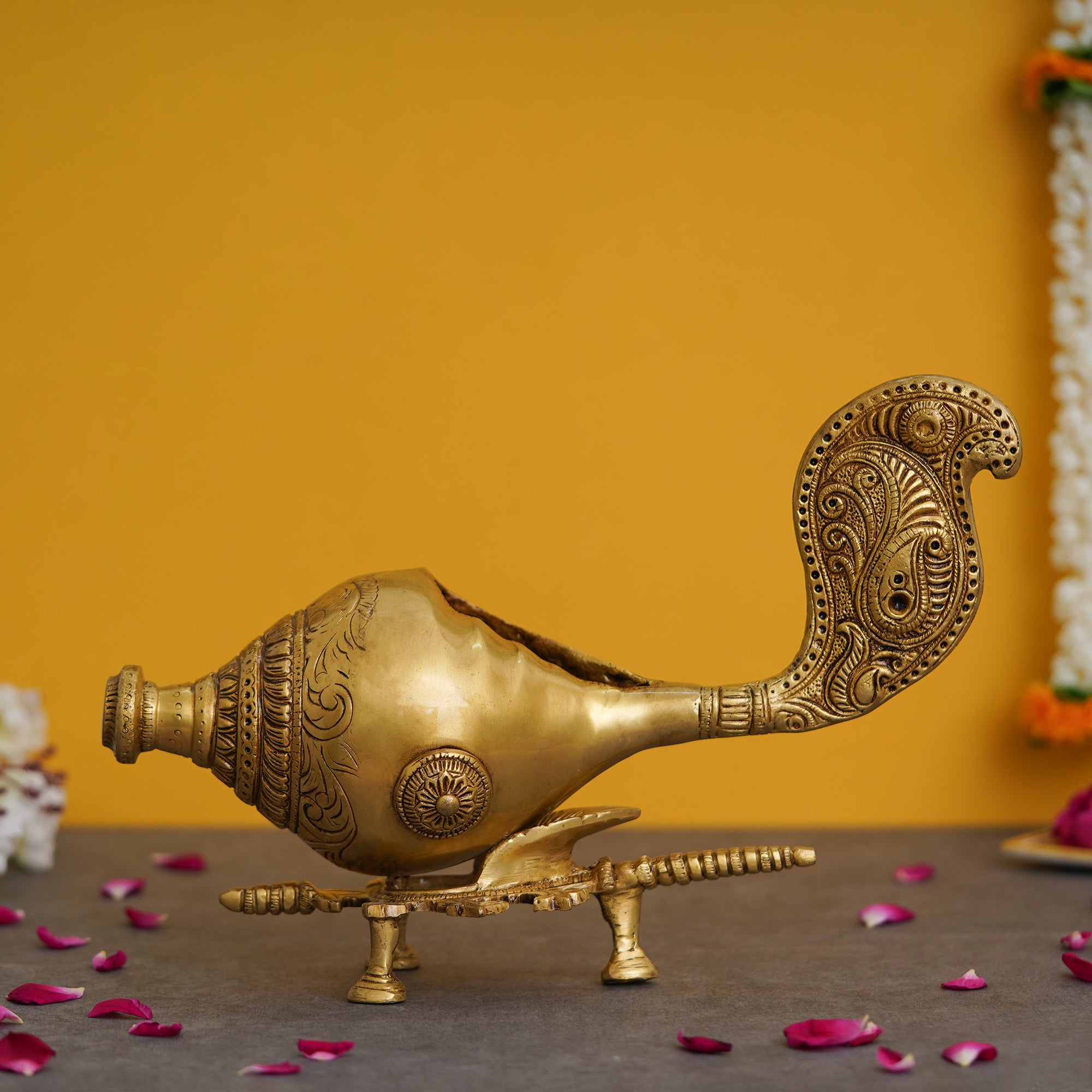 Golden Shankh (Conch) with a Stand Decorative Handcrafted Brass Showpiece 1