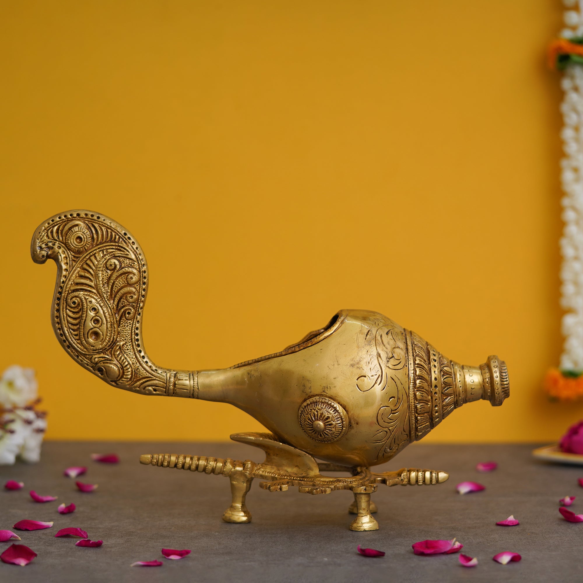 Golden Shankh (Conch) with a Stand Decorative Handcrafted Brass Showpiece 5