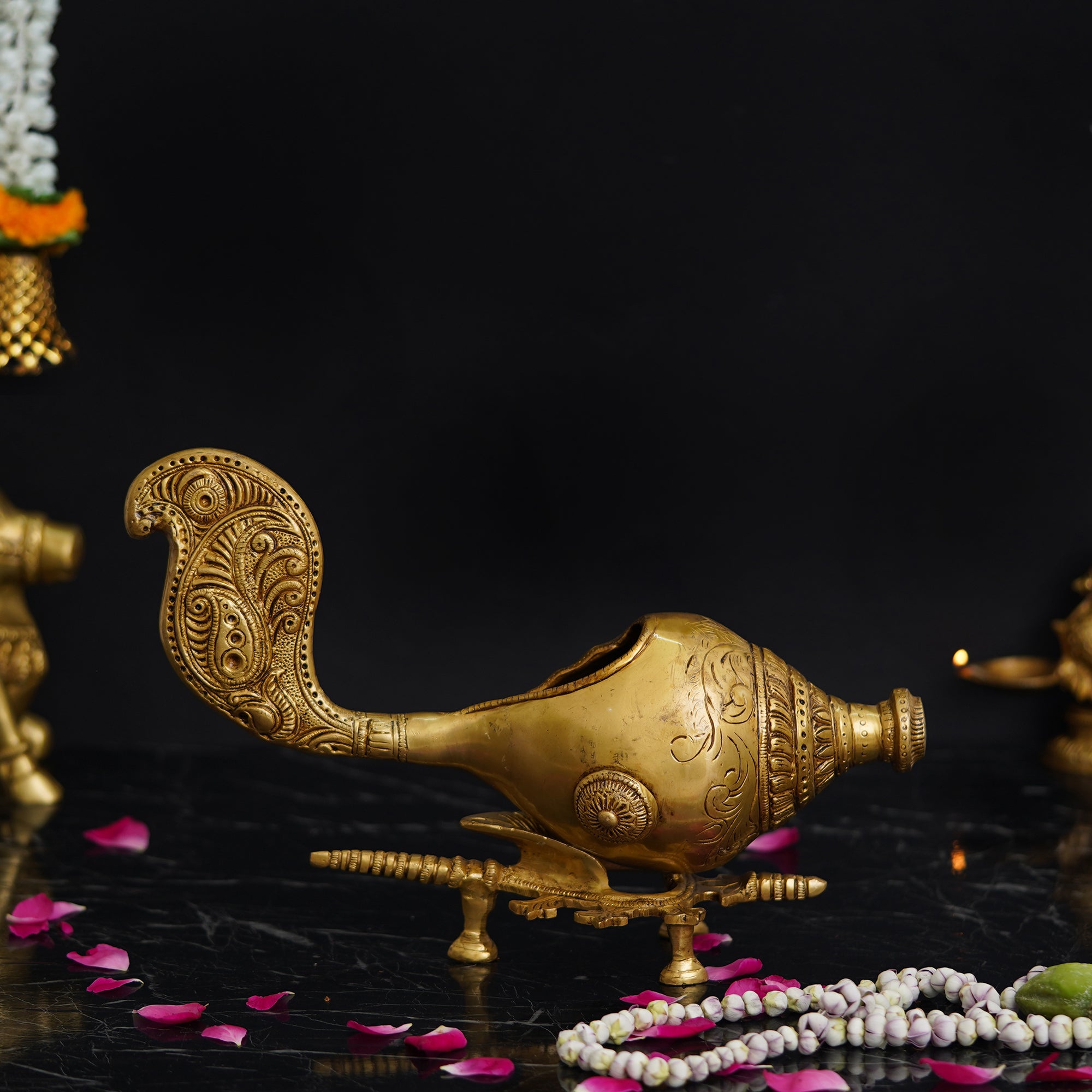 Golden Shankh (Conch) with a Stand Decorative Handcrafted Brass Showpiece 6