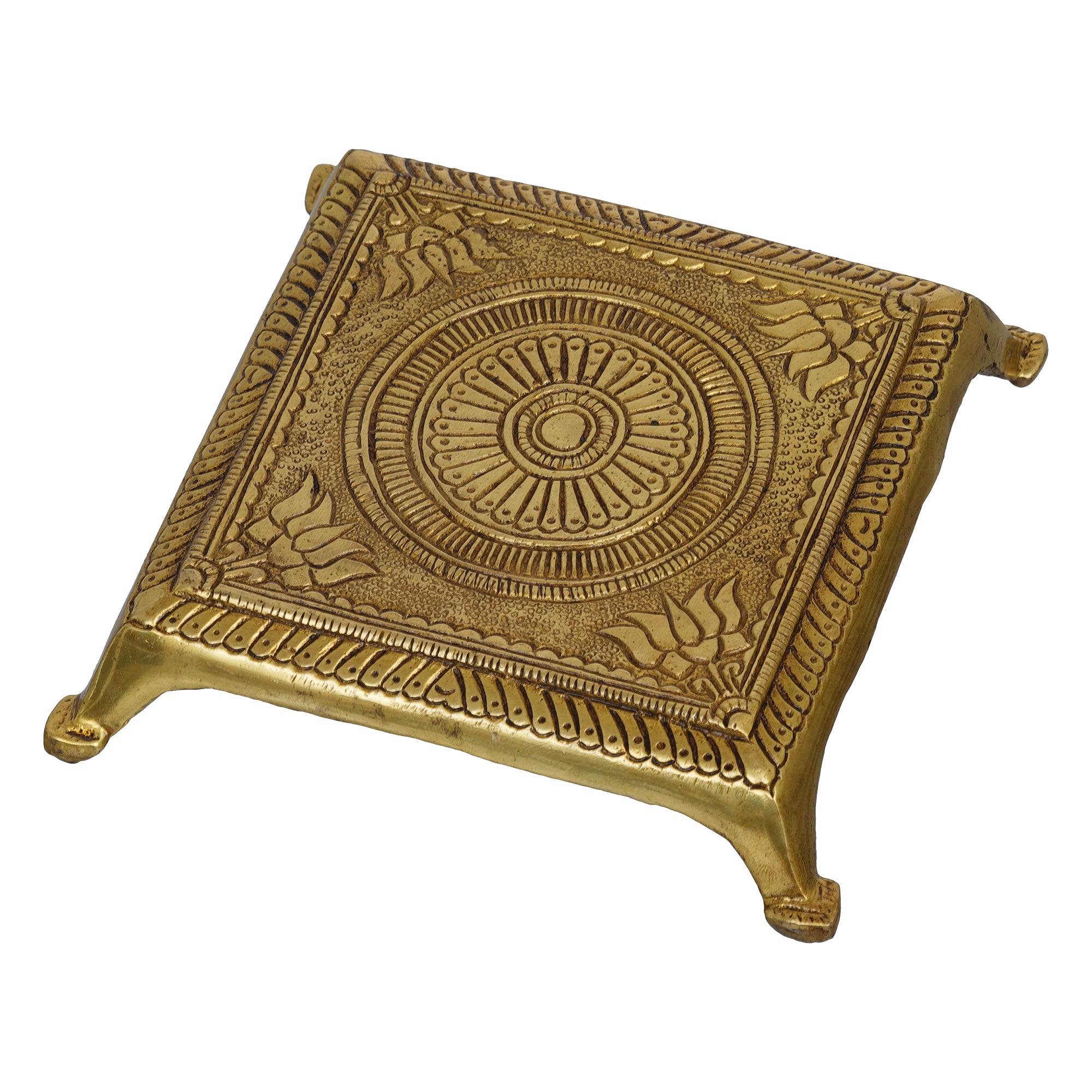 eCraftIndia Golden Square Traditional Lotus Flowers Engraved Brass Pooja Chowki/Paat/Chourang/Stand for God Idols 7