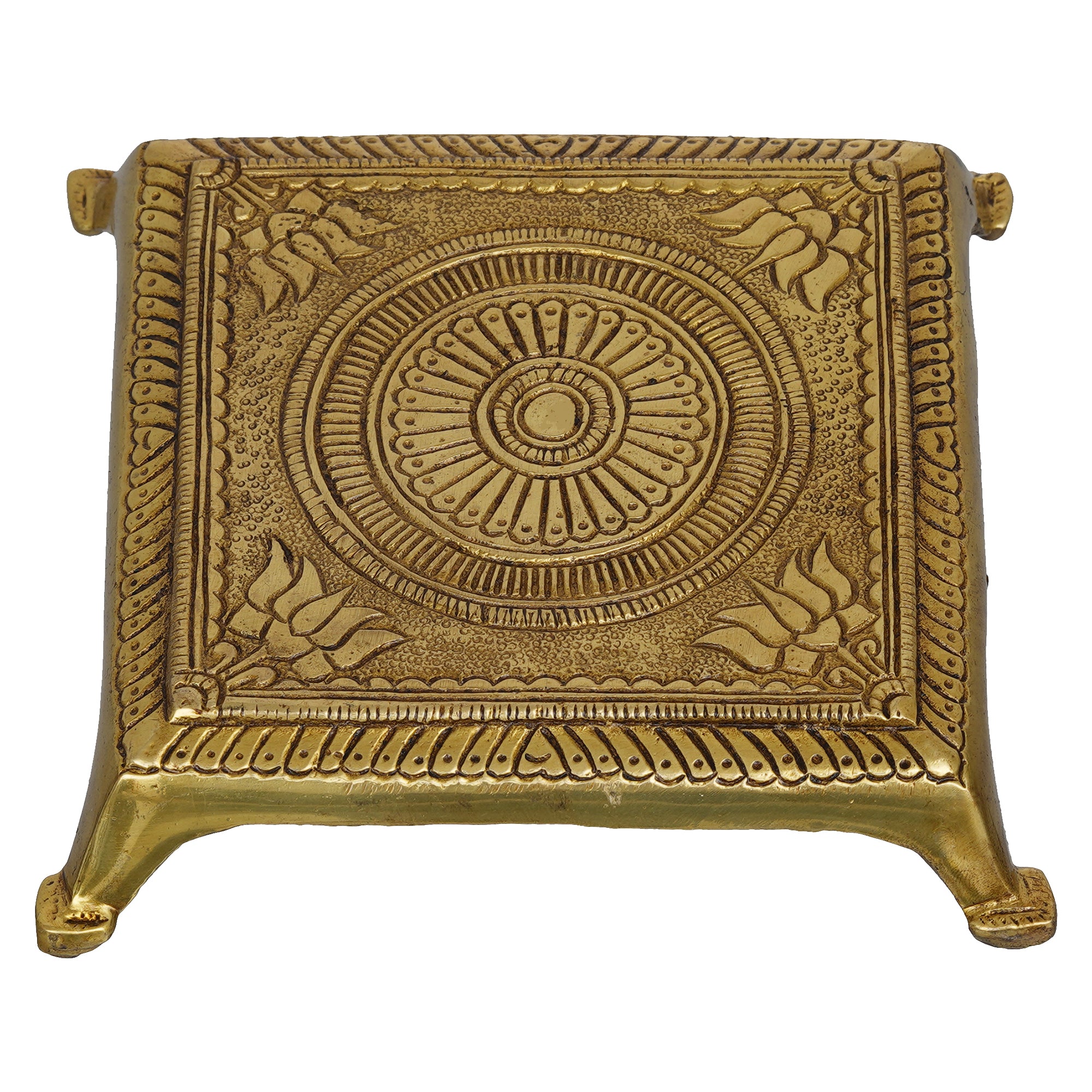 eCraftIndia Golden Square Traditional Lotus Flowers Engraved Brass Pooja Chowki/Paat/Chourang/Stand for God Idols 8