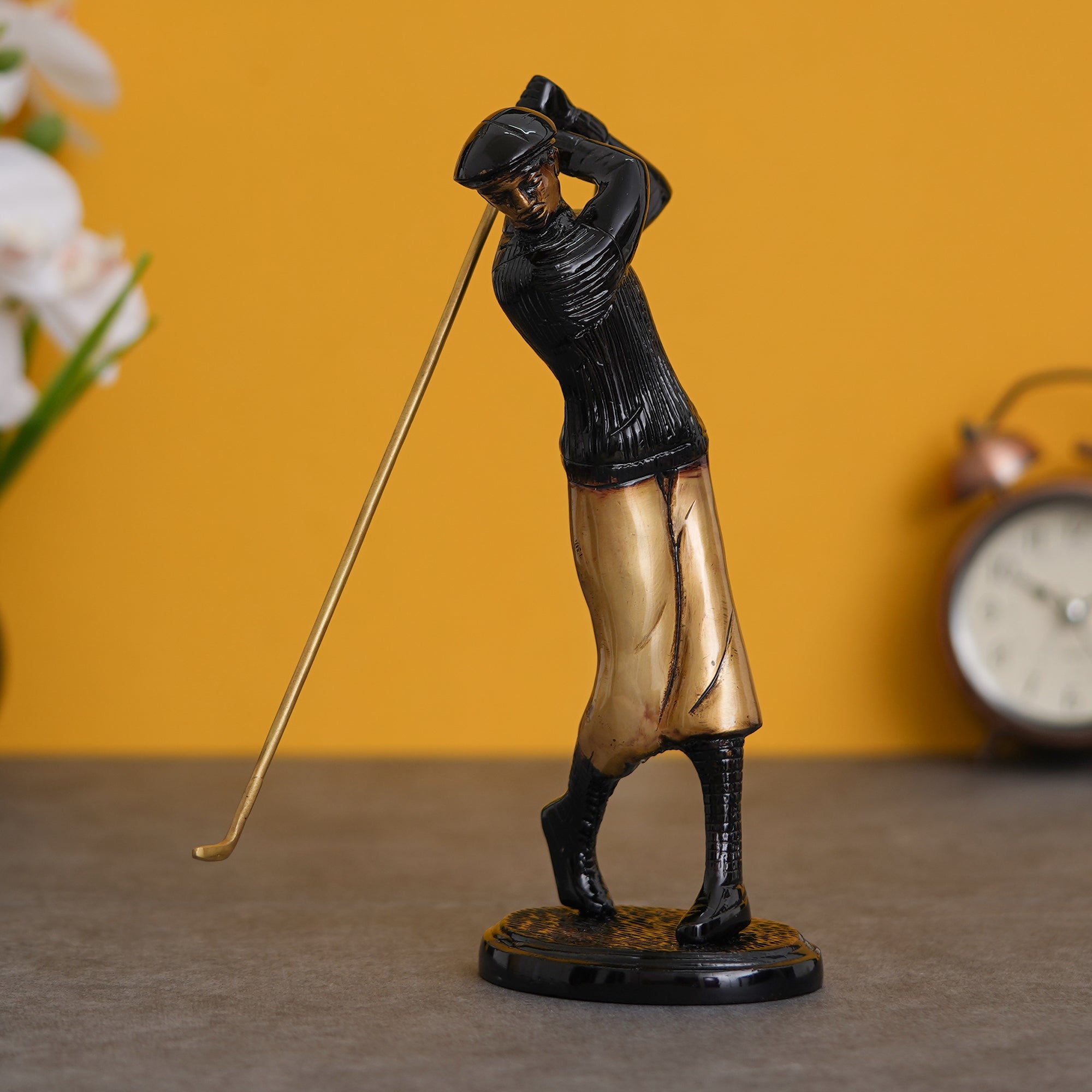 Brown & Golden Man Playing Golf Antique Finish Handcrafted Decorative Brass Showpiece