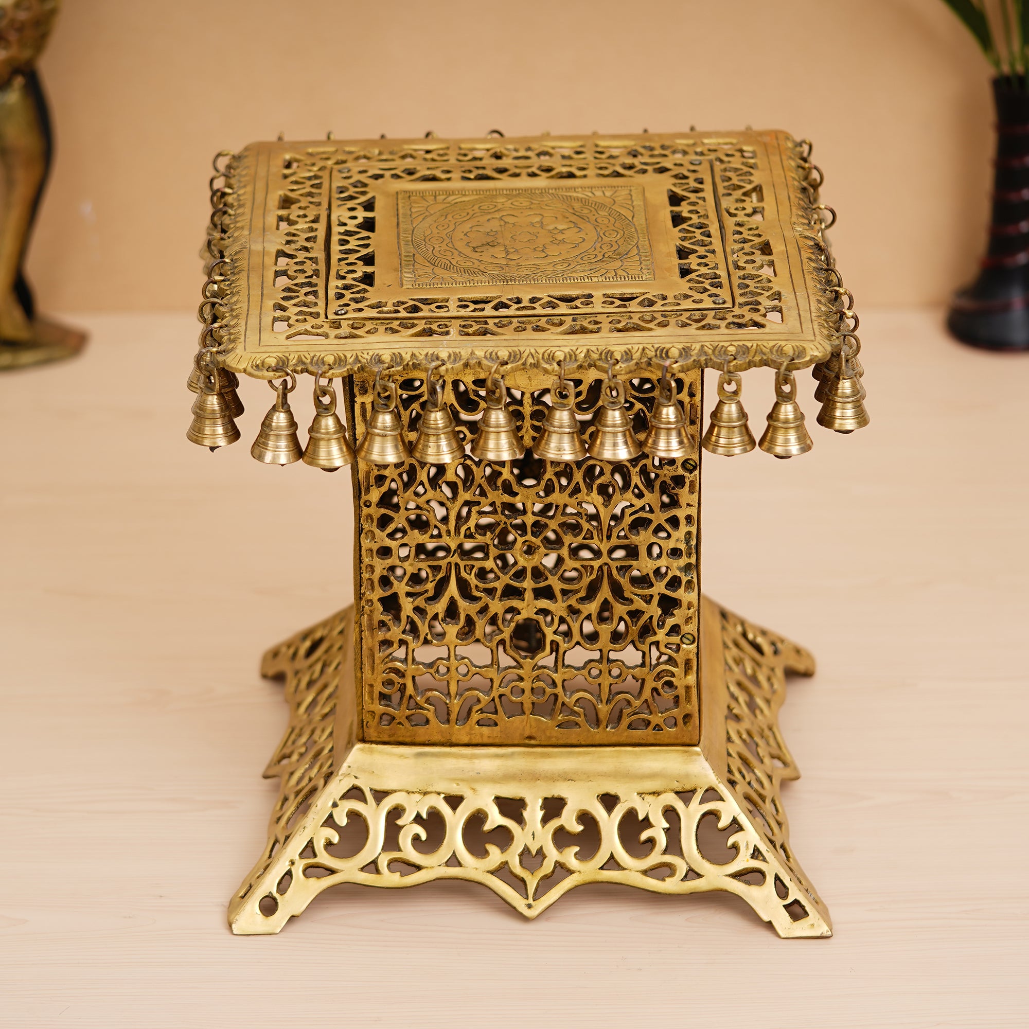 Golden Handcrafted Brass Chowki with Bells 1