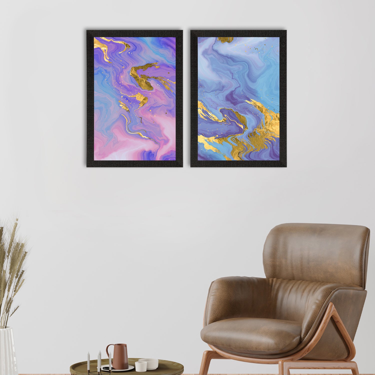 Marble Texture Blue Pink Set of 2 Original Design Satin Matt Texture UV Art Painting